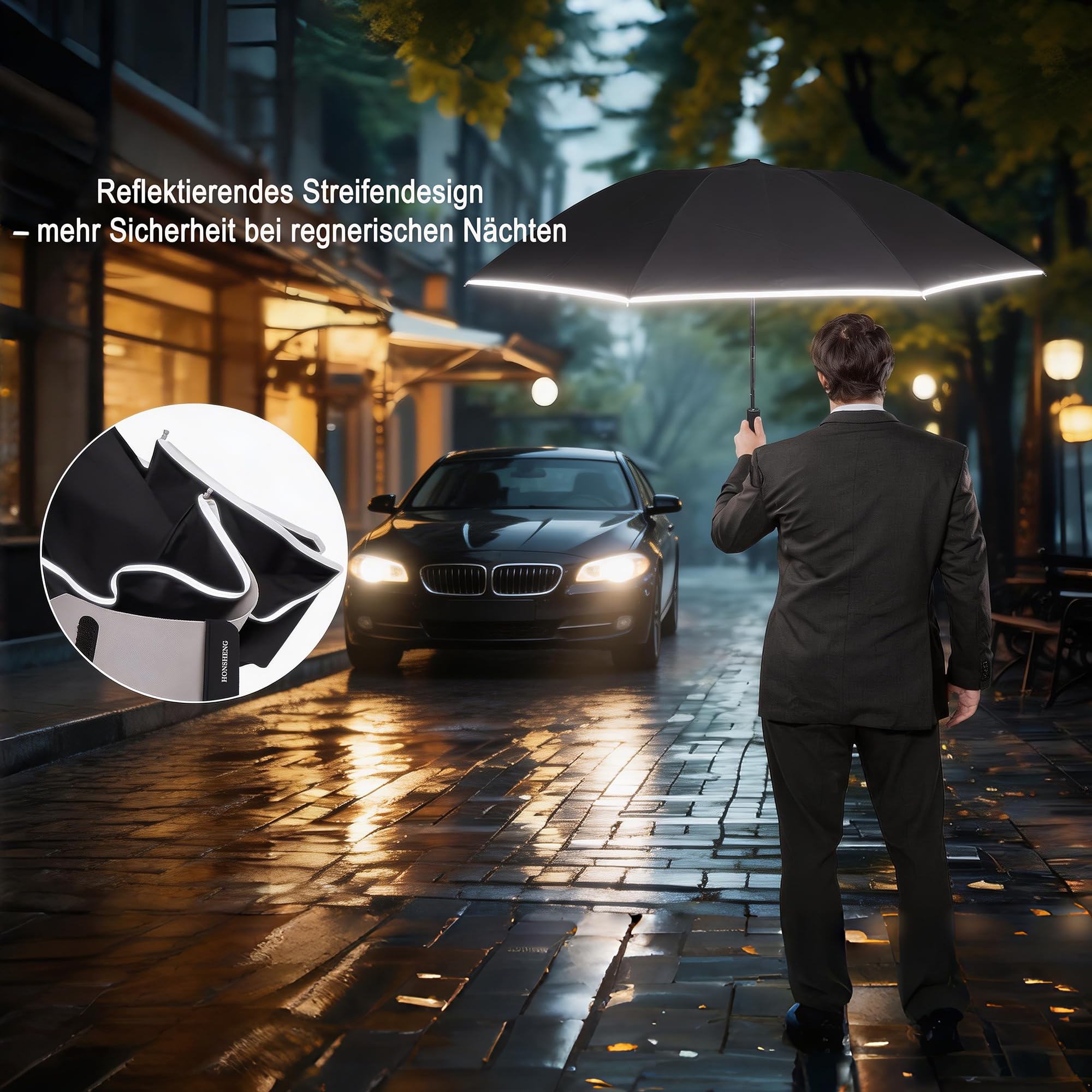 Honsheng Petit parapluie de poche résistant aux tempêtes, ouverture et fermeture automatique, parapluie réfléchissant, pliage rapide avec bande de qualité supérieure, pliable inversé compact pour