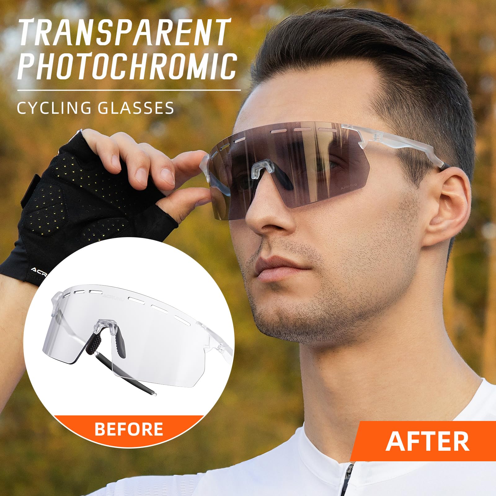 ACRUNU Cycling Glasses with Photochromic Anti-Fog Lens - 6 Vent Holes Insect-Leg Design UV400 Protection Unisex Fit (Gray)