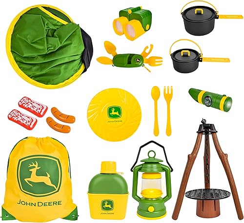 Miniatura 3 de John Deere Tienda de campaña emergente, juego de 18 piezas que incluye cantina, platos, utensilios, comida de juego, ollas, binoculares, linterna y