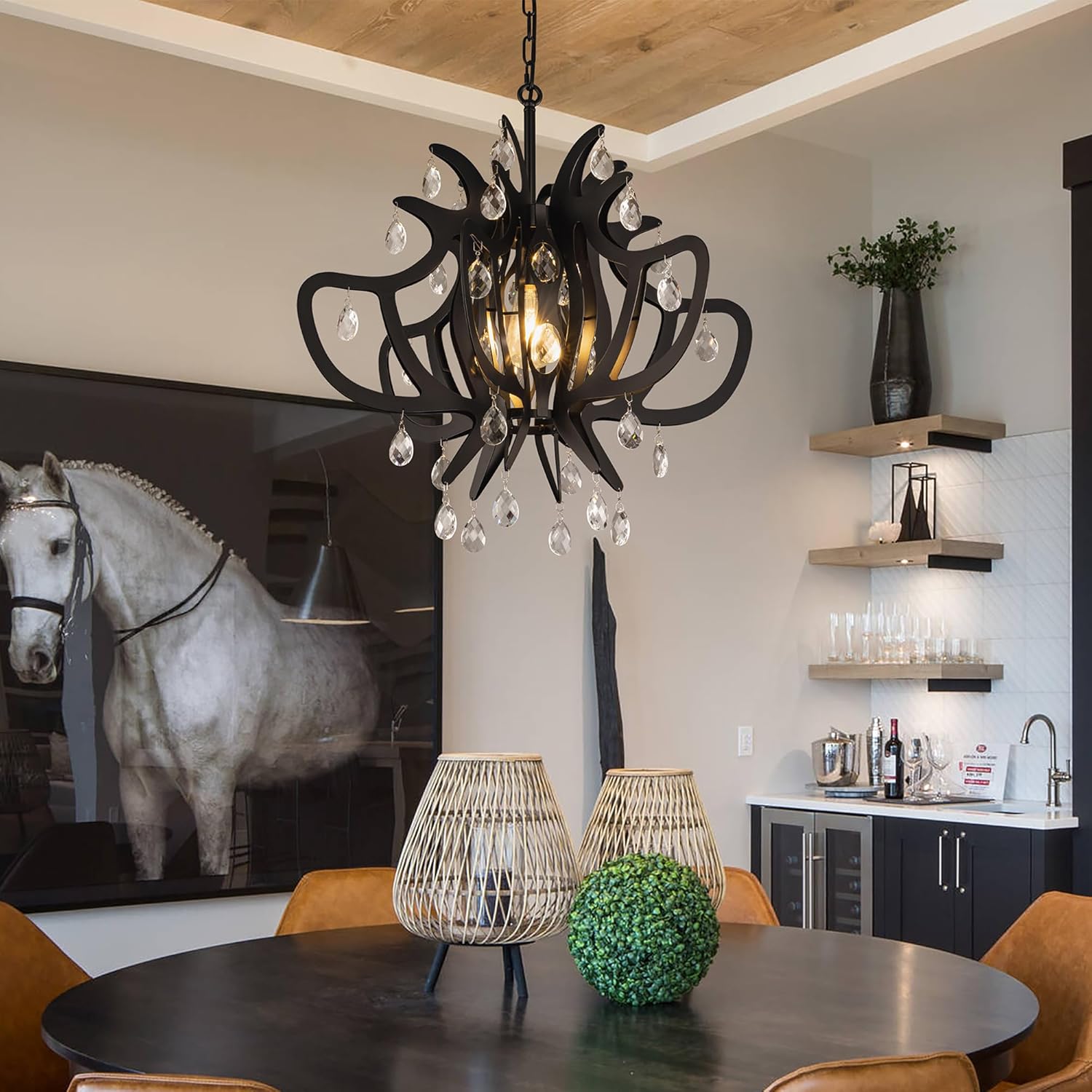 TOCHIC Vintage Black Chandelier, 24" Modern Farmhouse Gothic Style Crystal Chandelier for Living Room, Mid Century Ceiling Light Fixture for Bedroom, Entryway, Dining Room, Foyer