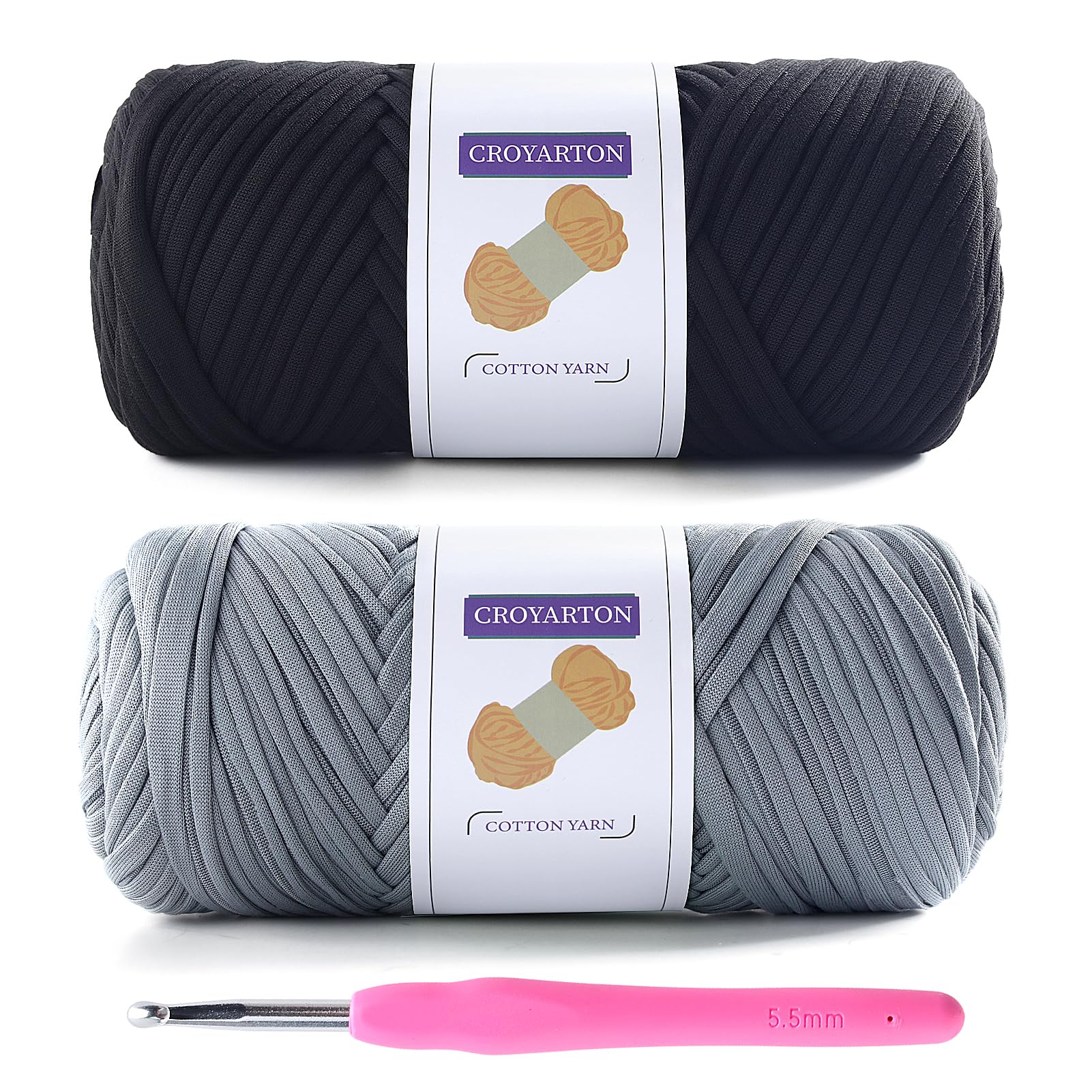 2 Pack Tshirt Yarn for Crocheting, Elastic T Shirt Spaghetti Thick Knitting Yarn Total Length 130 Yds for Crochet Bag Baskets Home Decor with 1 Crochet Hook (Black+Light Gray)