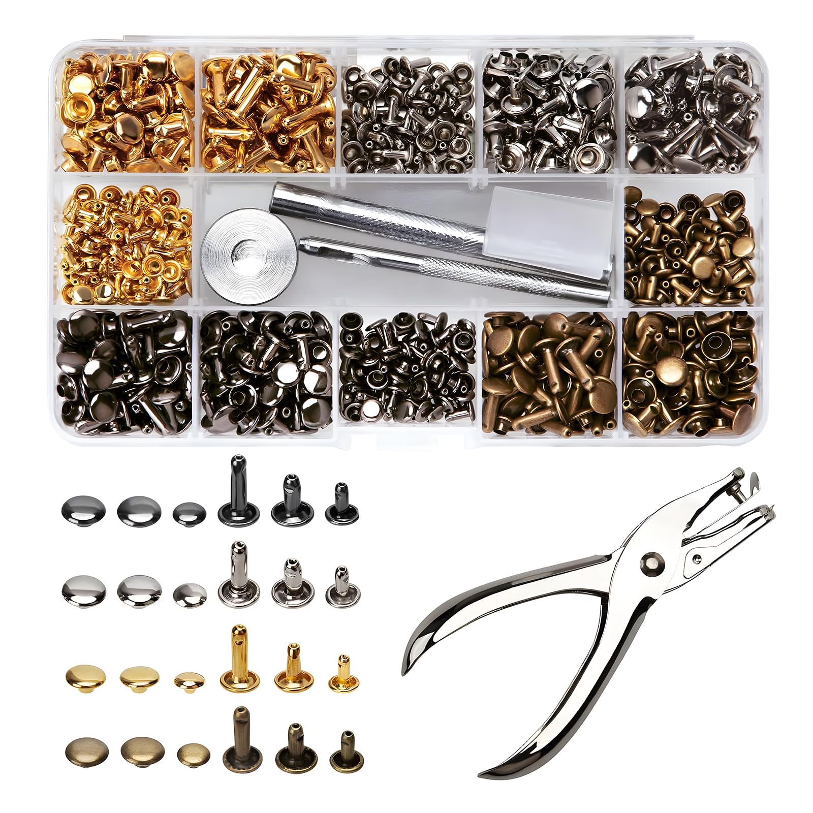 maxtachi 360Pcs Leather Rivets Kit, 3 Sizes Double Cap Tubular Rivets for Metal, Flat Tubular Metal Studs with Leather Hole Punch Pliers and Fixing Tool Kit, for Leather Craft Repair Decoration