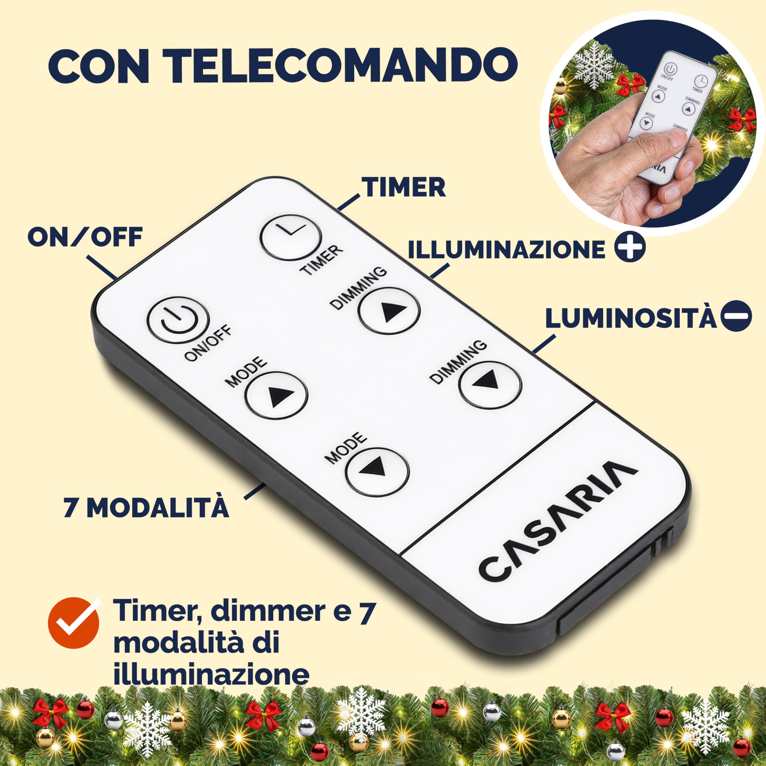 Casaria Ghirlanda Decorazione di Natale con Telecomando 5m 80 LED Timer 7 Modalità di Luce Bianca | 7 Modalità di Luce Bianca, 160 led, Decorazione natalizia, Telecomando con timer 7 livelli di luce, Indoor & outdoor, esterno