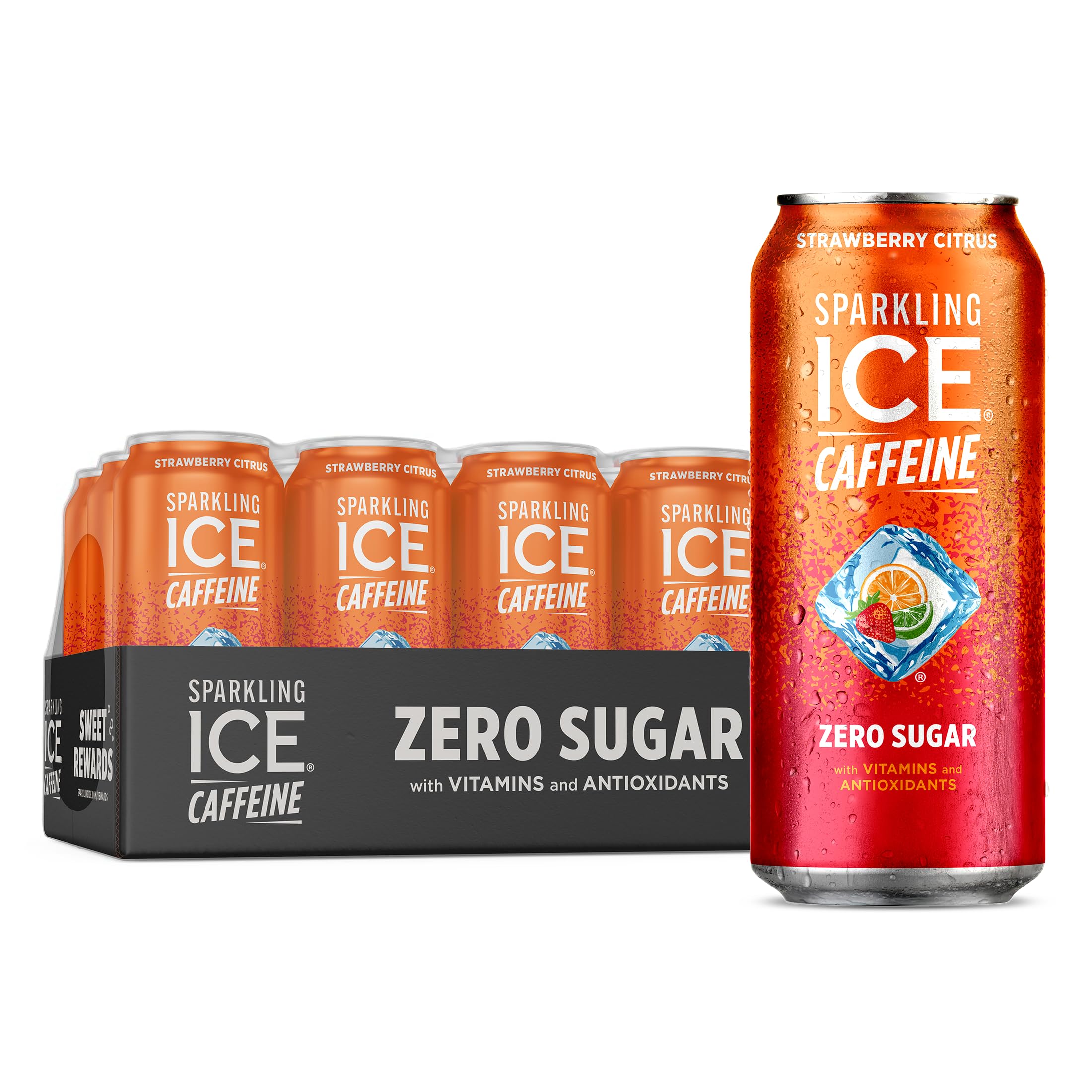 Sparkling Ice +Caffeine Strawberry Citrus Sparkling Water, with Antioxidants and Vitamins, Zero Sugar, 16 fl oz Cans (Pack Of 12)