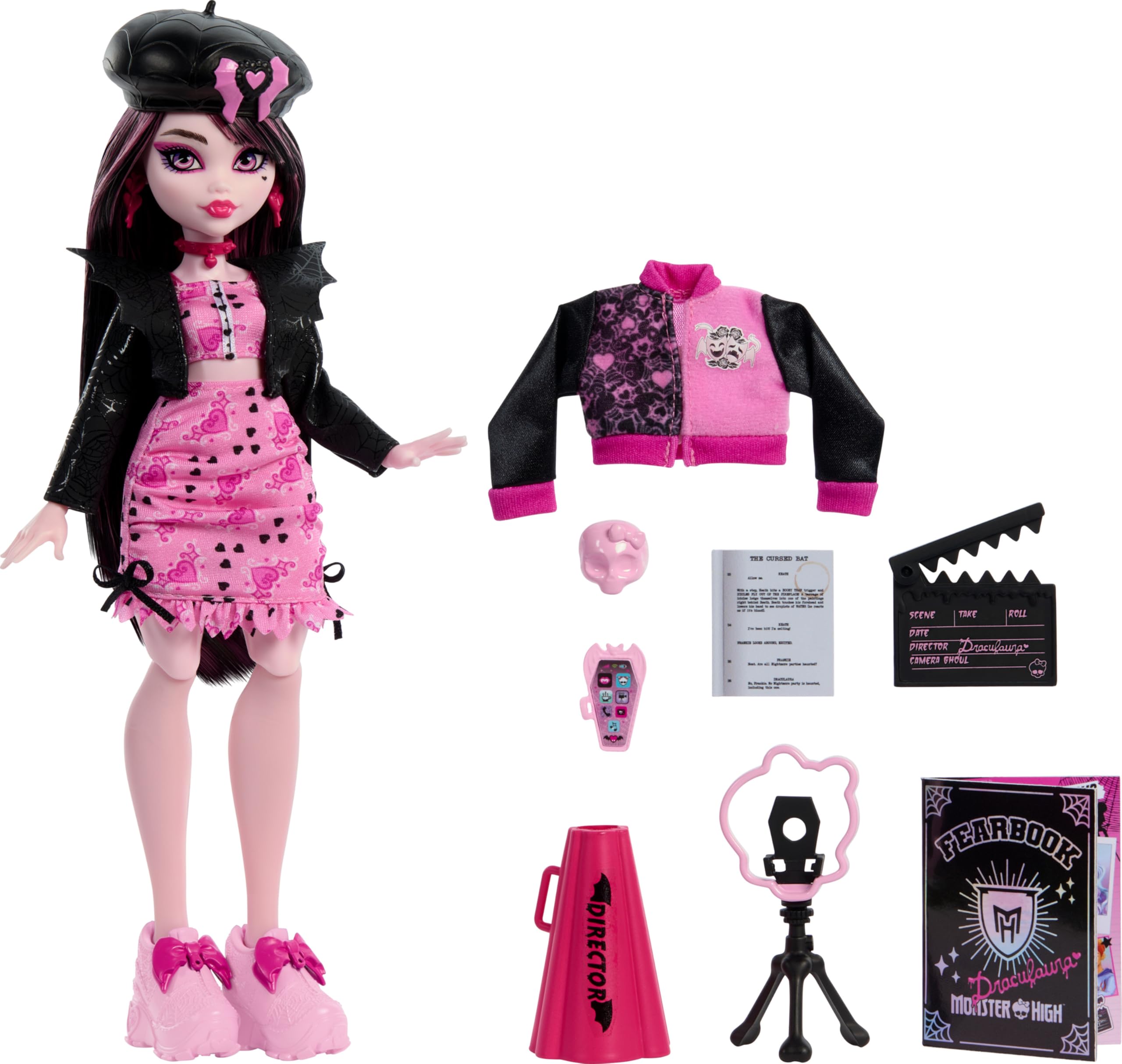 Monster High Fearbook Strasznik Draculaura Zestaw z lalką, kurtka, rocznik szkolny, scenariusz, rekwizyty filmowe HXW30