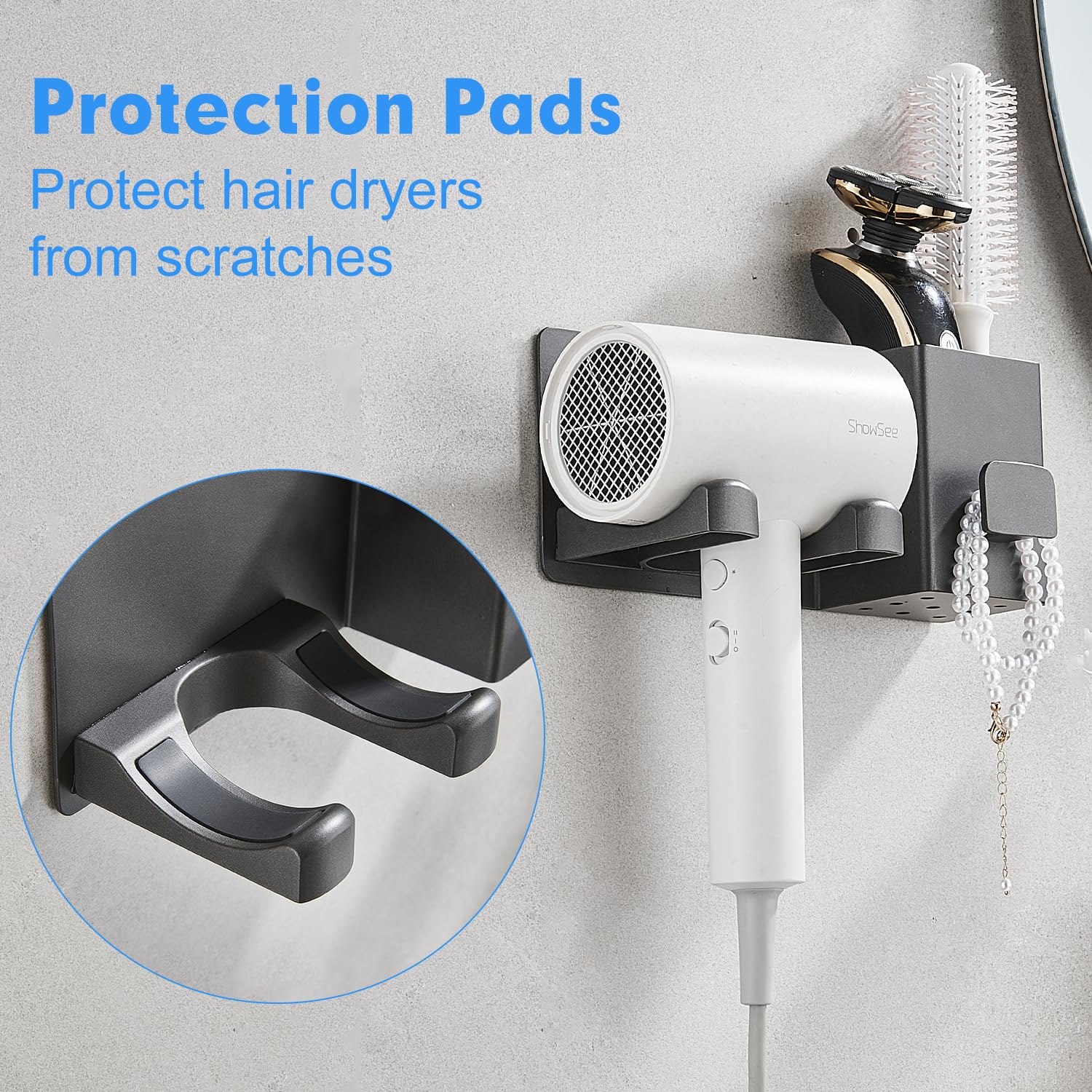 Support Sèche-Cheveux Murale Sans Perçage - Organisateur Avec Range-Câble Aluminium | Adhésif Inclus