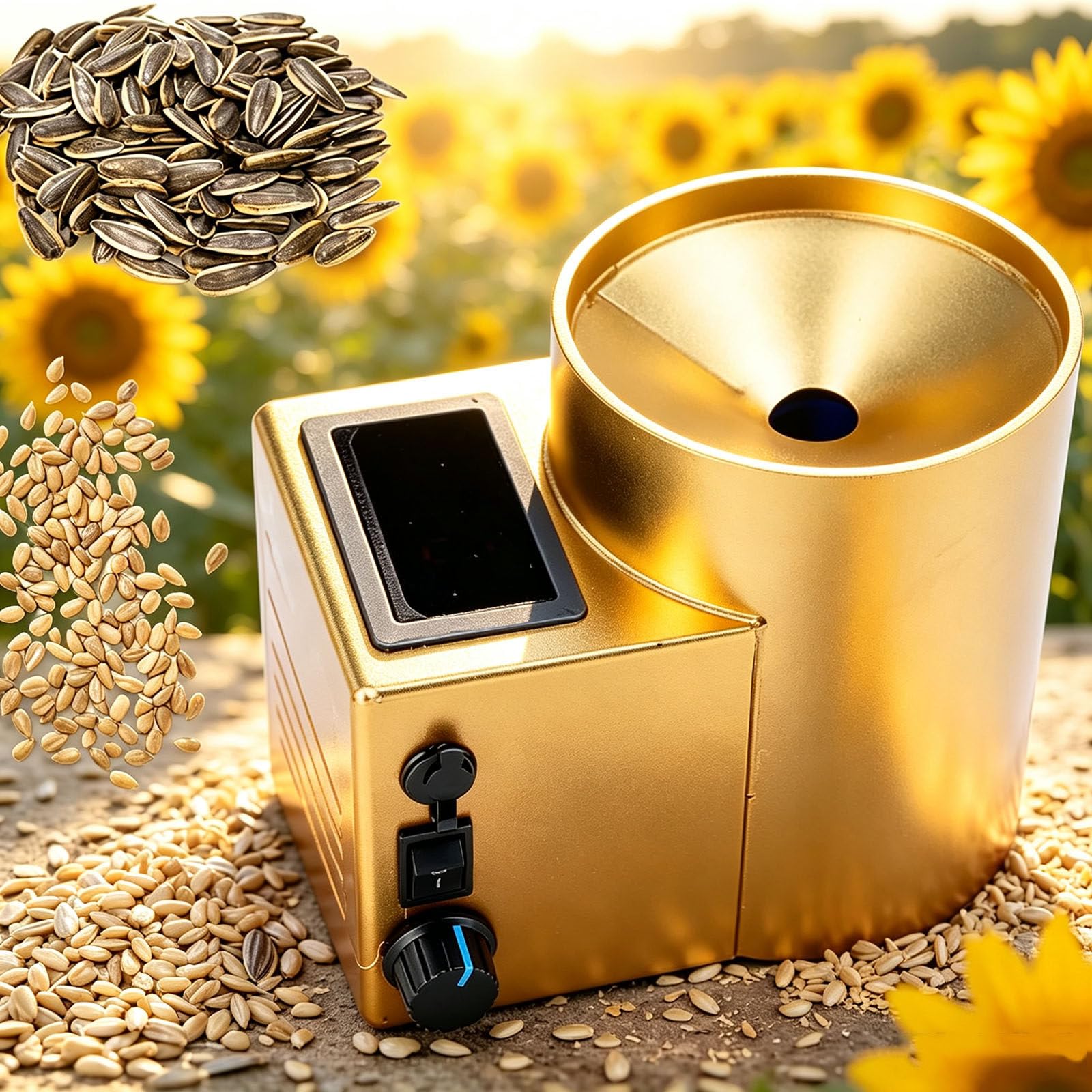Cracker Automatico per Semi di Girasole, Dispositivo di Rimozione Automatica dello Scafo Gold | Potenza Regolabile per Famiglia, Supermercato, Fattoria, Festa