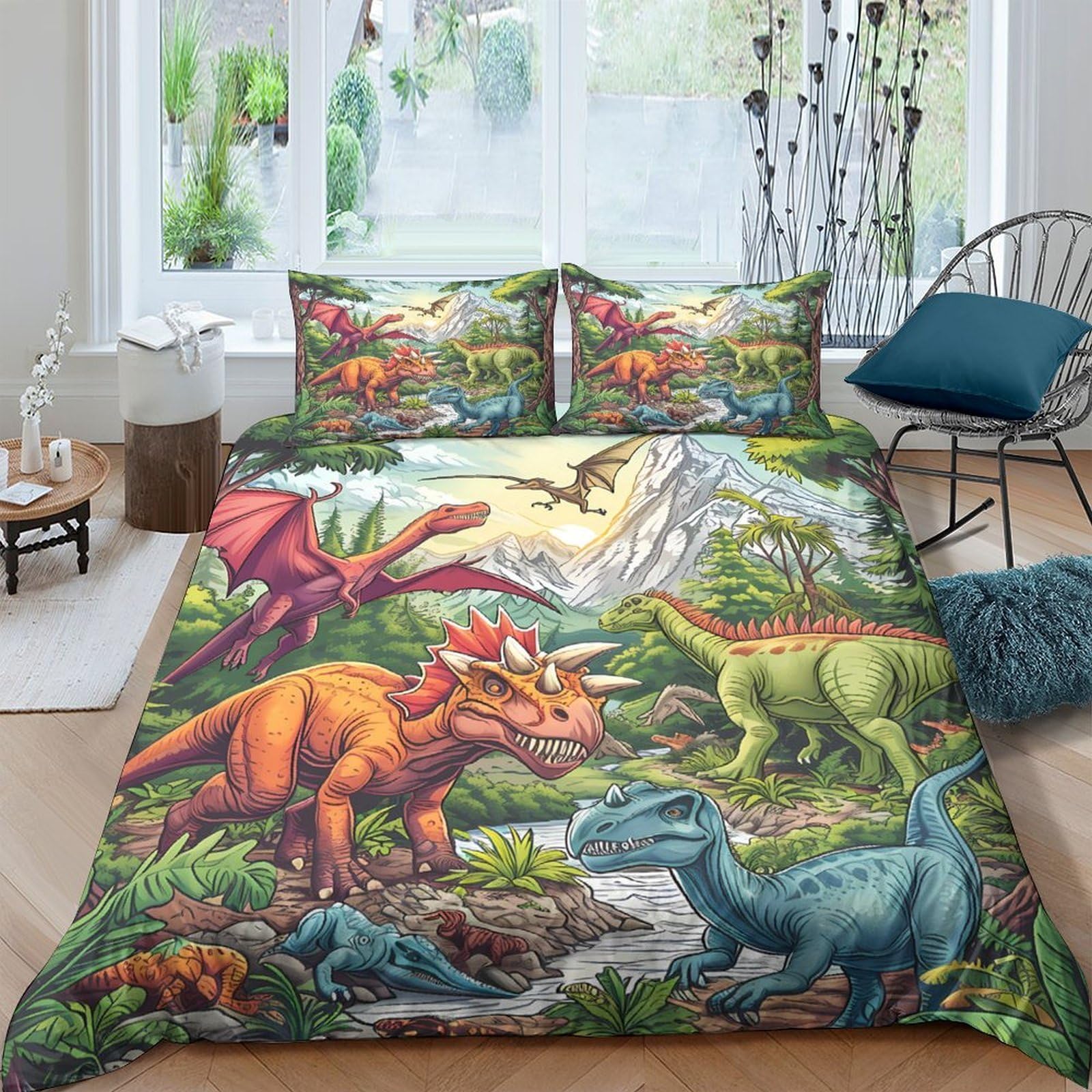 GPLZQXKJNH 3D Printed Dinosaur Forest Duvet Cover Microfiber Soft Breathable Bedding Set with 2 Pillowcases for Bedroom Decor Single（135x200cm）
