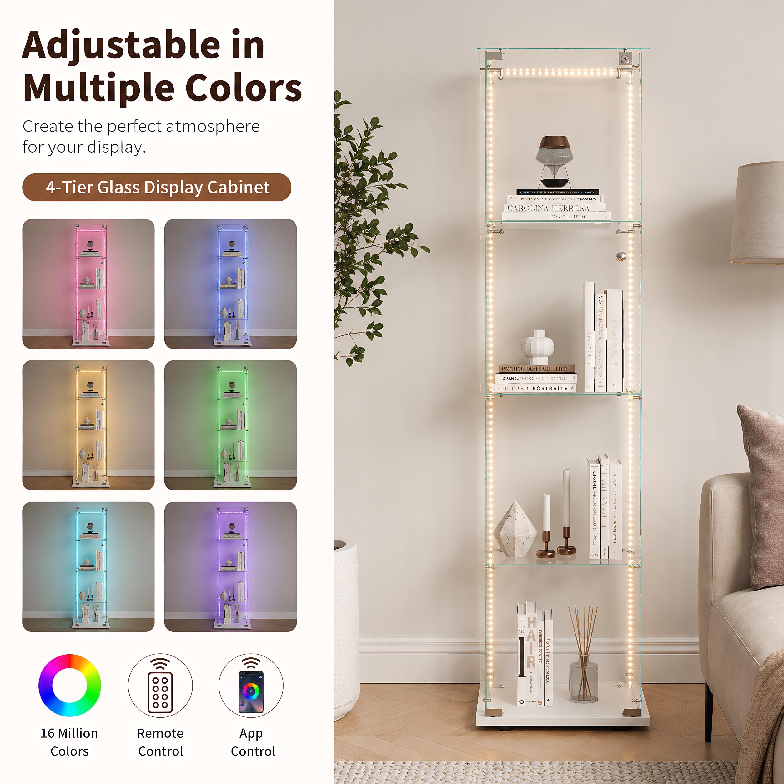 BRILVERDE Vitrina de Vidrio LED, Mueble Expositor con 4 Estantes y Puerta con Cerradura, Vetrinetta para Colecciones, Libros, Maquetas, Botellas, Salón y Oficina (Blanco, 1 Puerta 4 Capas)