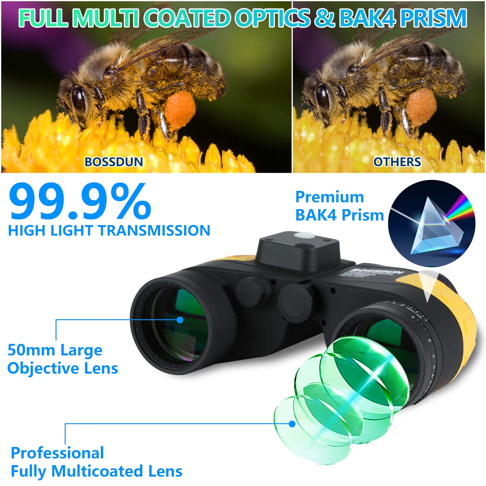 Binocolo 10x50 BOSSDUN Militare - Impermeabile, Con Bussola E Telemetro, Per Navigazione E Caccia - Foto 7