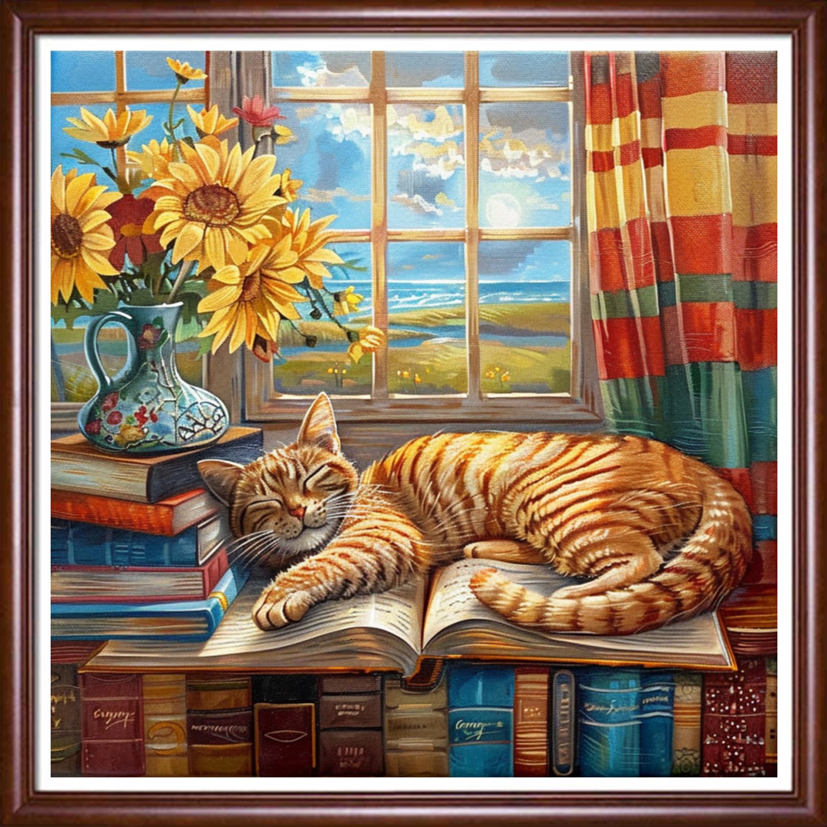 DMCVIVR Stamped Cross Stitch Kits for Beginners Adults Needlepoint Kits for Beginners Embroidery Kits for Adults Crossstitch Kit for Beginners 11CT-Window sill cat Flowers 18×18 inch
