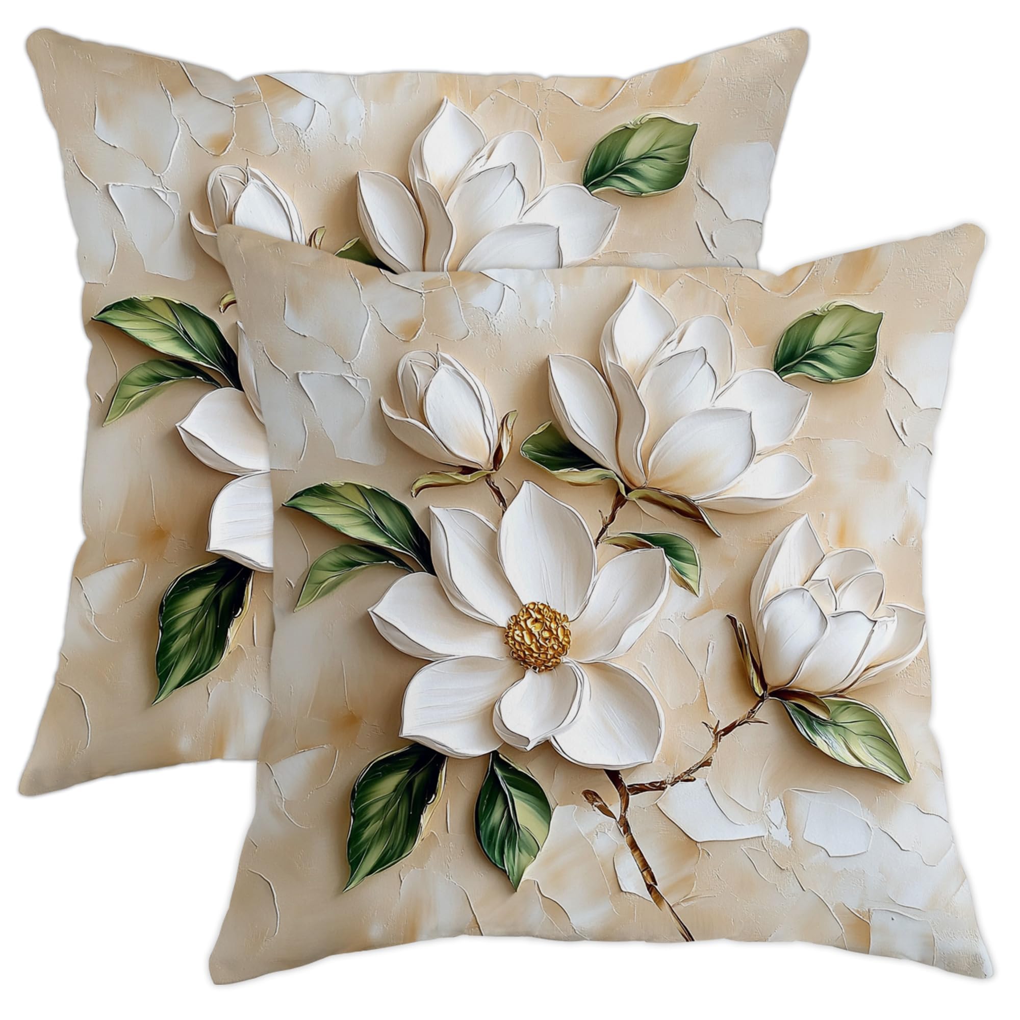 Magnolia Pillow Covers Set of 2, White Floral Embroidery Decorative Throw Pillows, Elegant Home Cushion Covers for Living Room Sofa Bed Couch, Spring