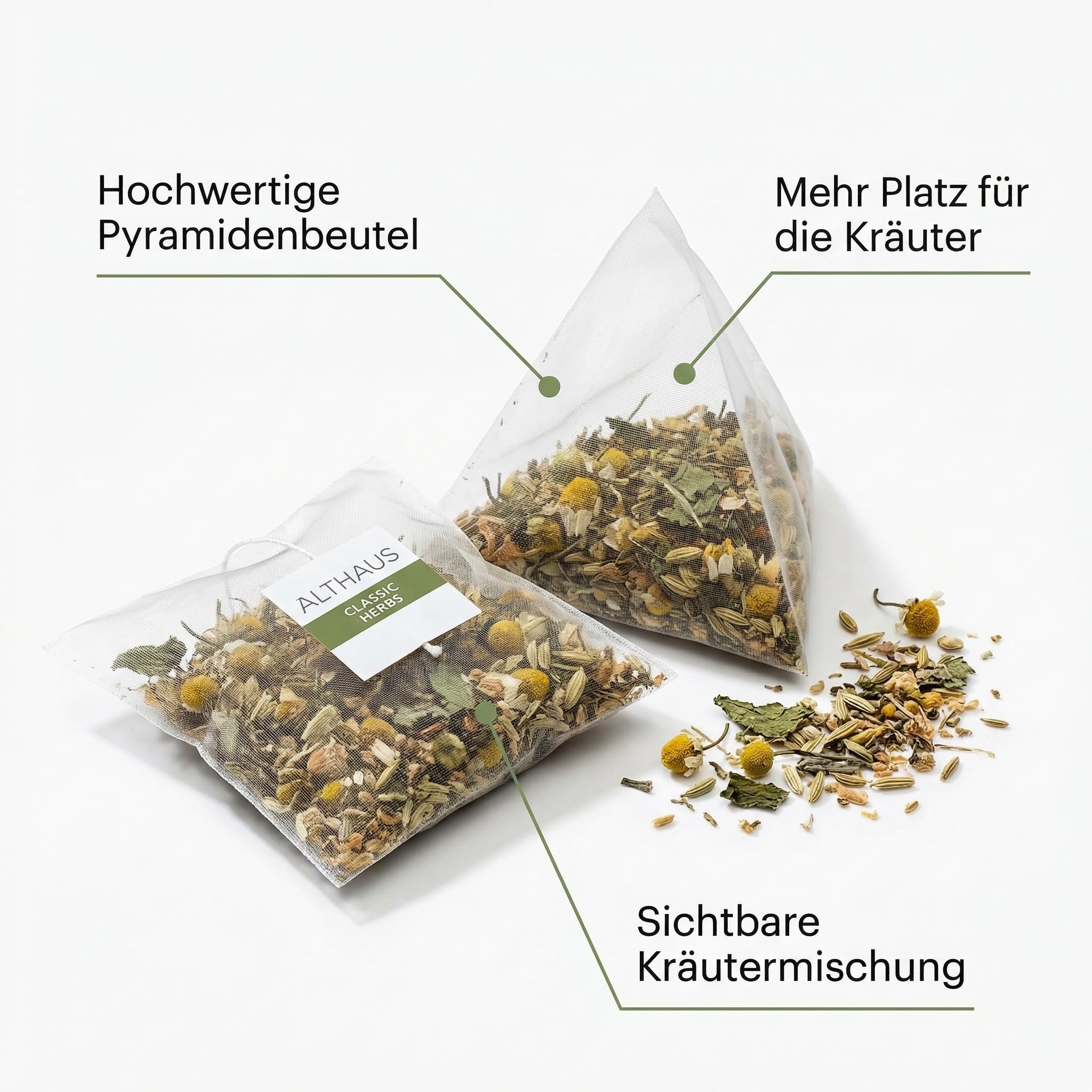 6 Packungen ALTHAUS Classic Herbs Kräutertee, Pfefferminze-Kamille-Salbei, Koffeinfrei, je 15 Pyramidenbeutel à 2,25 g