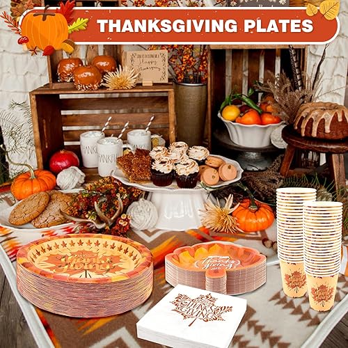Miniatura 5 de Juego de 200 platos y tazas de papel de hojas de otoño para suministros y decoraciones de fiesta de Acción de Gracias de 50 a 10 pulgadas