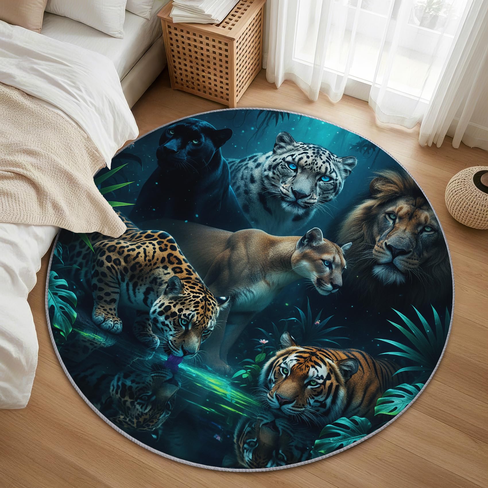 Wilde Tiere Teppich Rund 120cm Kurzflor - Waschbare Teppiche Wohnzimmer Tiger Leopard Löwe Panther Tiermotiv - Runder Teppich 120 Durchmesser Kinderzimmer - Bettvorleger rutschfest Weich