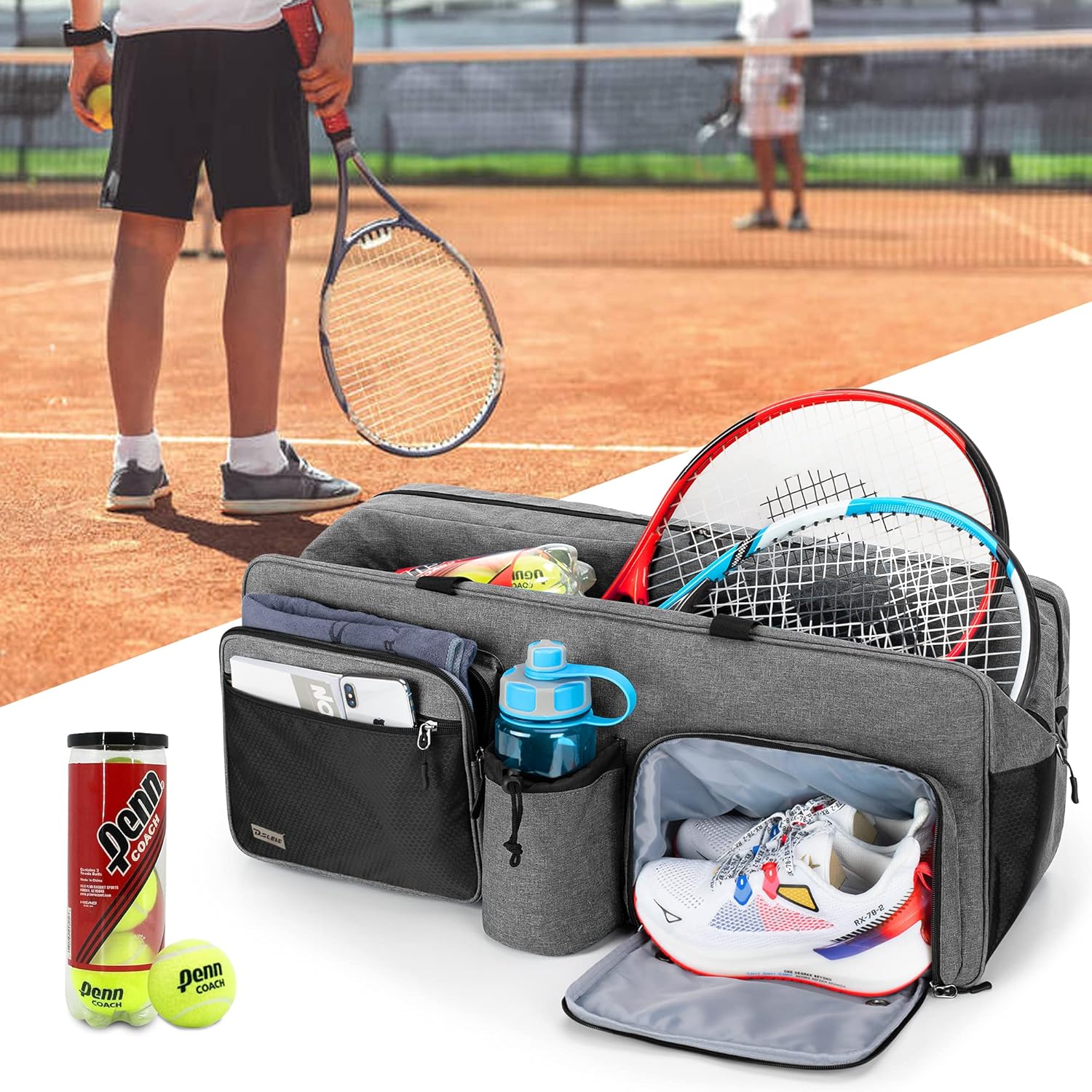 DSLEAF Tennis Duffle Bag with 7 Rackets Capacity, Tennis Racket Bag with Separate Ventilated Shoe Compartment Up to Mens 13 for Tennis/Pickleball/Badminton/Squash Sports, Grey : Sports & Outdoors