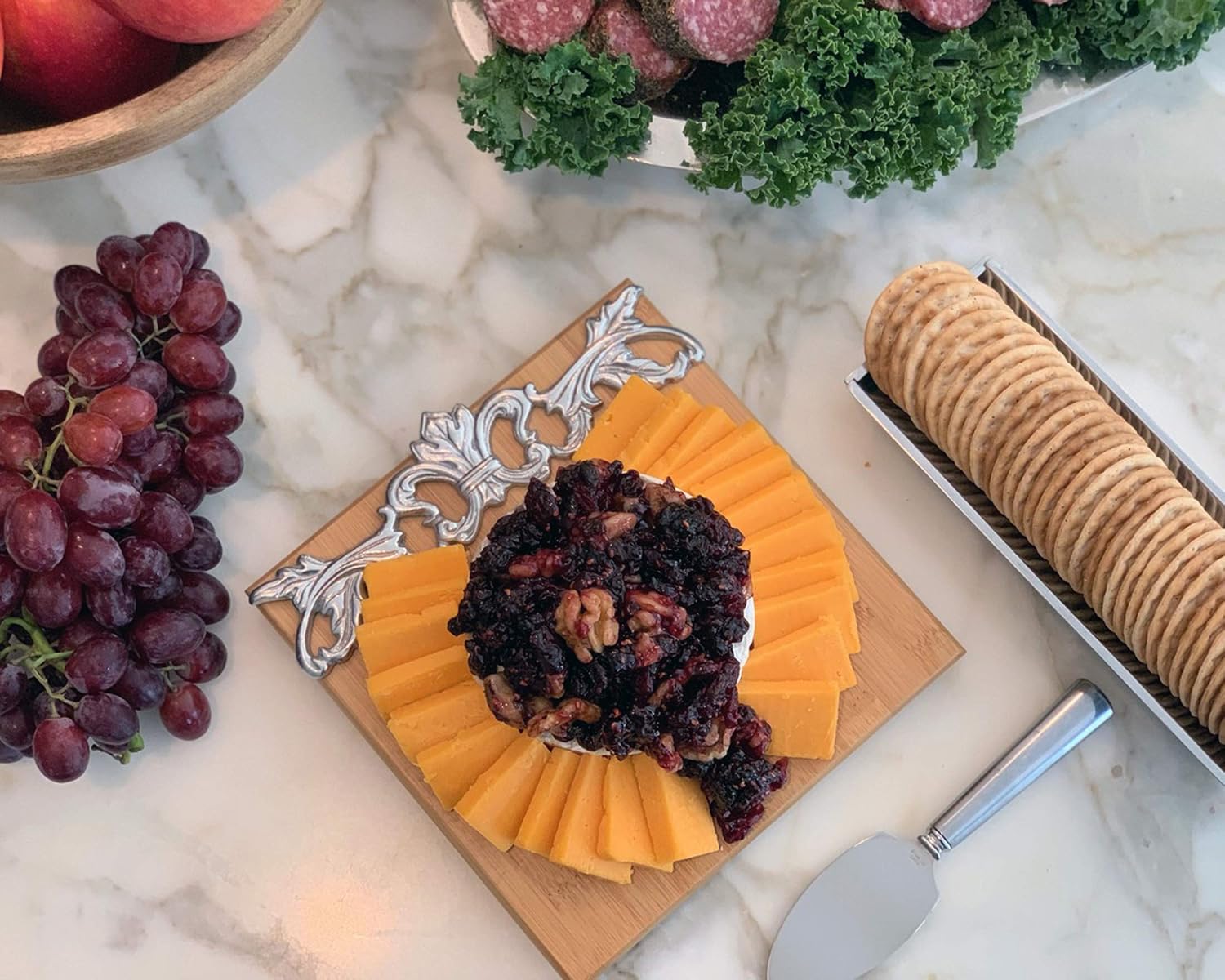 Arthur Court Designs Bamboo Cheese Board with Aluminum Acanthus Accent Cracker Tray and Spreader Board 8.5 inch x 8 inch