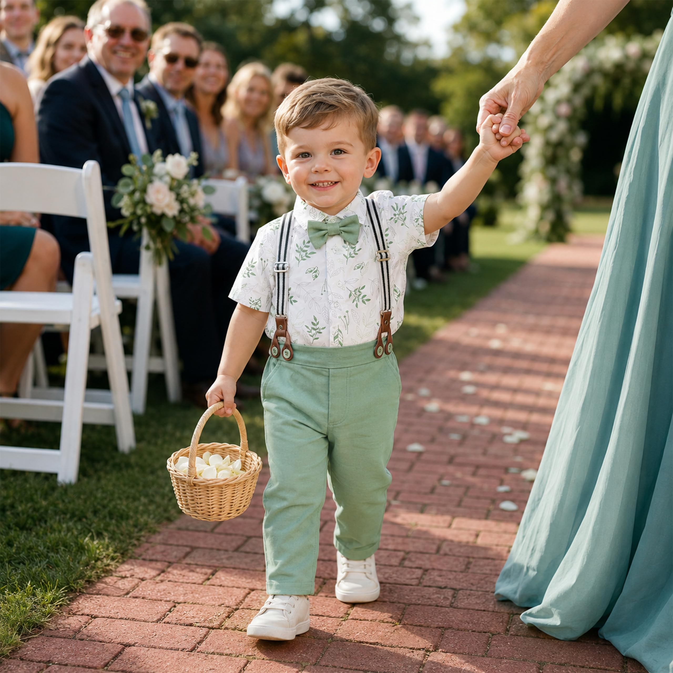 Volunboy Baby Jungen Gentleman Anzug, Formeller Kurzarmstrampler mit Hosenträgerhose, Baskenmütze & Fliege, Hochzeitsgesellschafts-Outfit