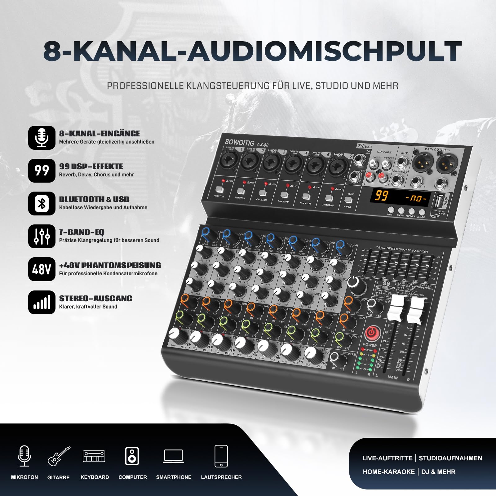 Table de mixage audio 8 canaux avec 99 DSP et égaliseur 7 bandes