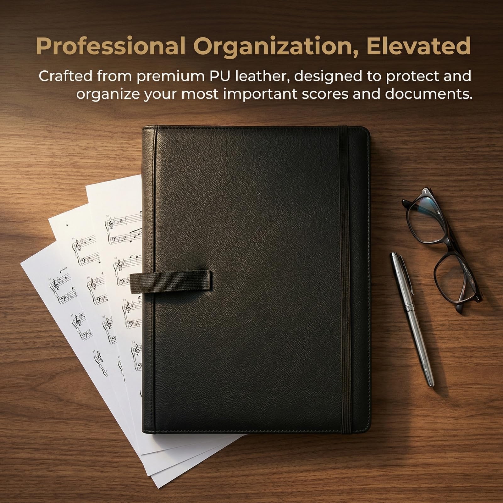 Classeur Partition Musique, Pochette à Partitions A4, Porte Partition Choralewith 3 Rings, Porte-Partitions de Luxe A4 en PU avec Sangle et Porte-Stylo pour Documents, Papier