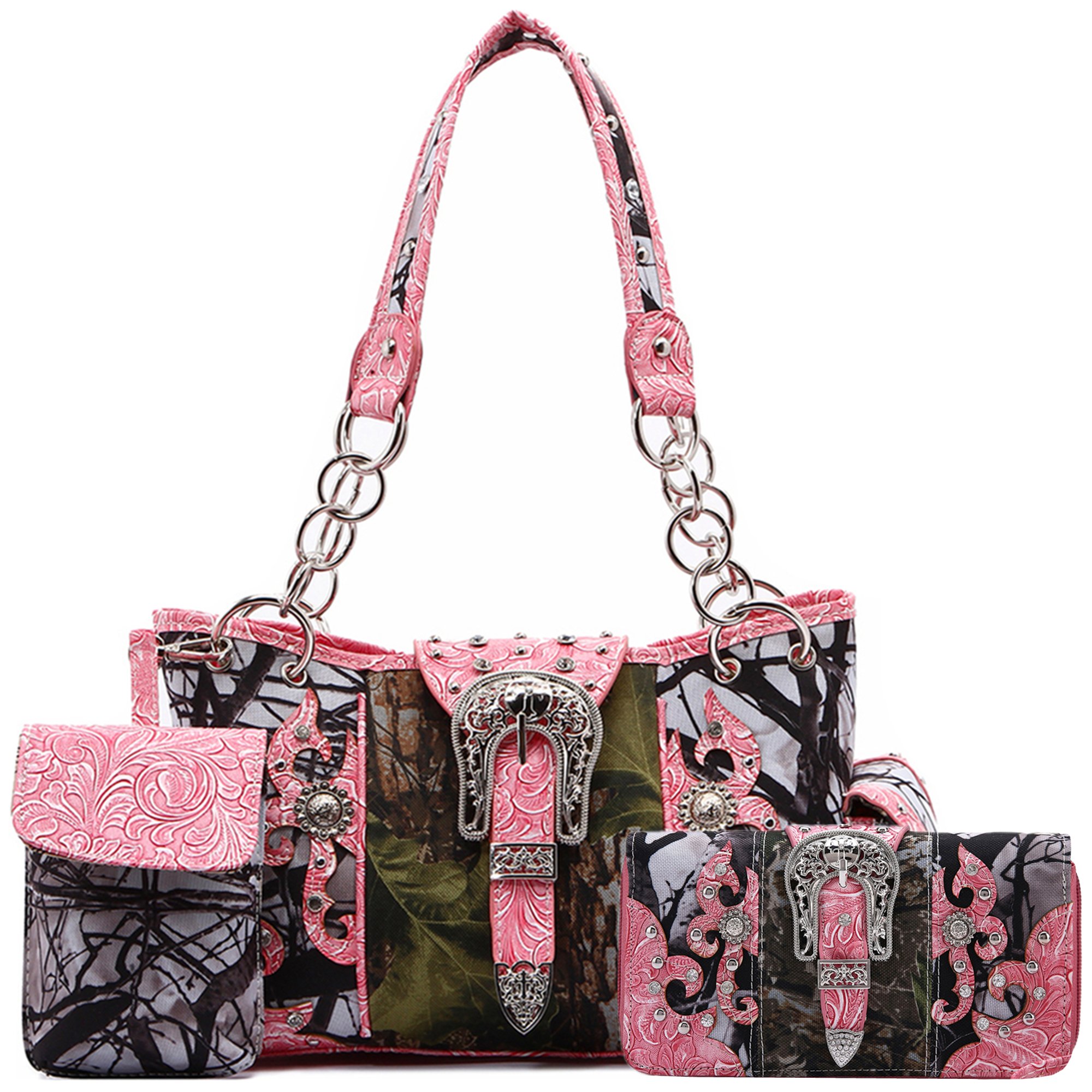 Western Style Camouflage Purse Concho Buckle Tooled Floral Country Studs Crossbody Women Handbag Shoulder Bag Wallet Set