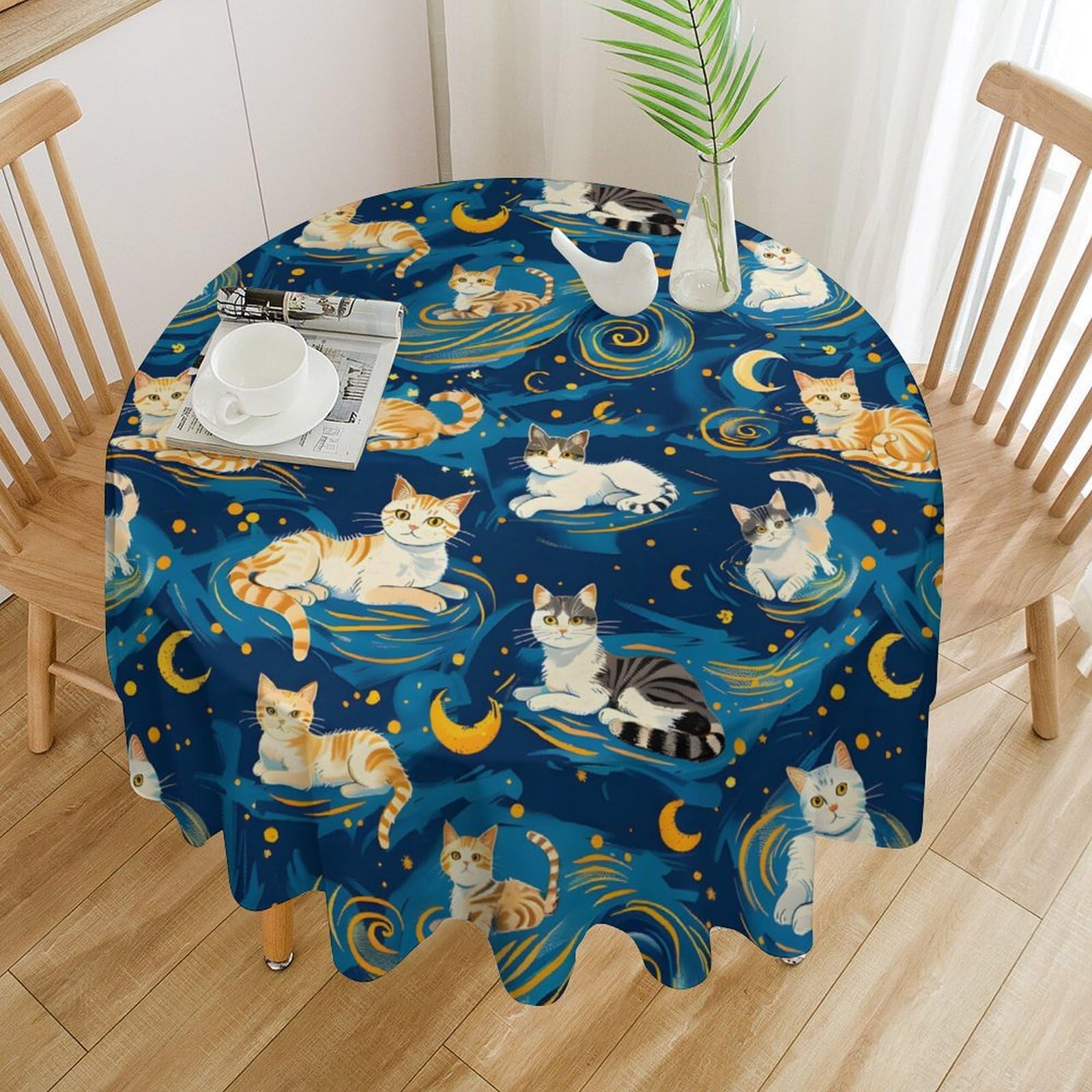 KIOWEIR Galaxy Cats Round Tablecloth, Waterproof Spillproof Wrinkle Free Polyester Table Cover for Indoor Outdoor Dinning Kitchen Farmhouse Decor Fits