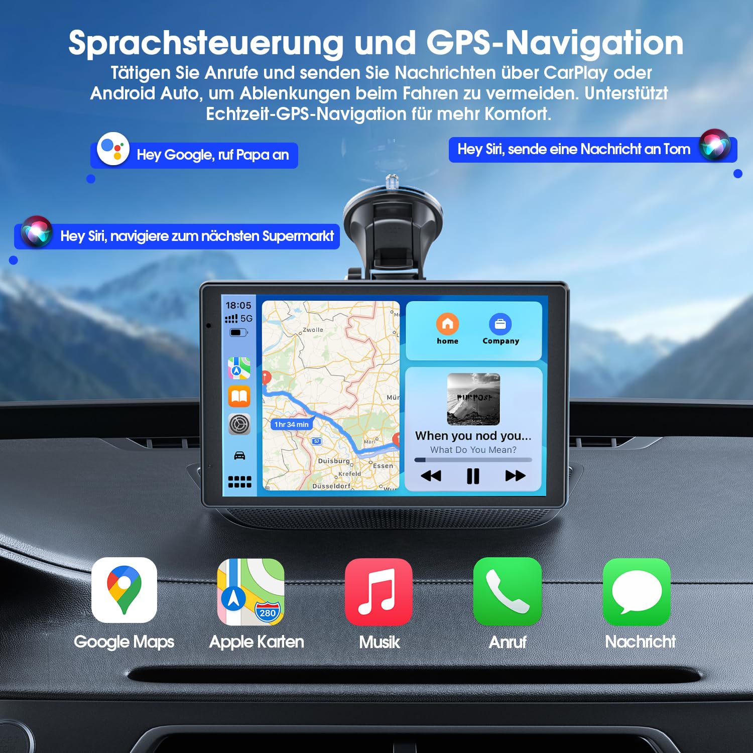 Avylet 8'' Tragbares Carplay Display für Apple CarPlay & Android Auto, Magnetische Halterung, Mirror Link und OTA-Updates, IP67 1080P Rückfahrkamera, Bluetooth, Sprachsteuerung, GPS-Navigation