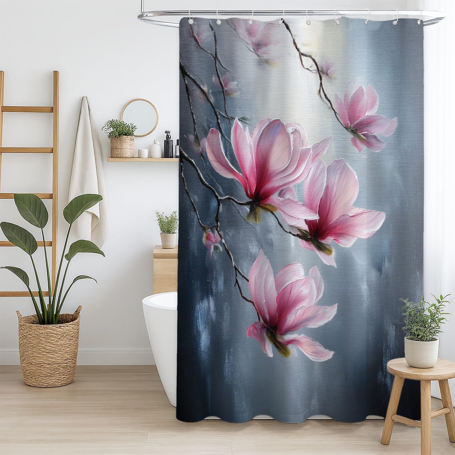 Generico Fantasia Tenda Da Doccia Elegante Misterioso Fiori Grigio Rosa, Tenda Da Doccia Per Bagno, Vasca Da Bagno, Tenda In Poliestere Impermeabile Con Ganci In Plastica, 180 x 180 cm