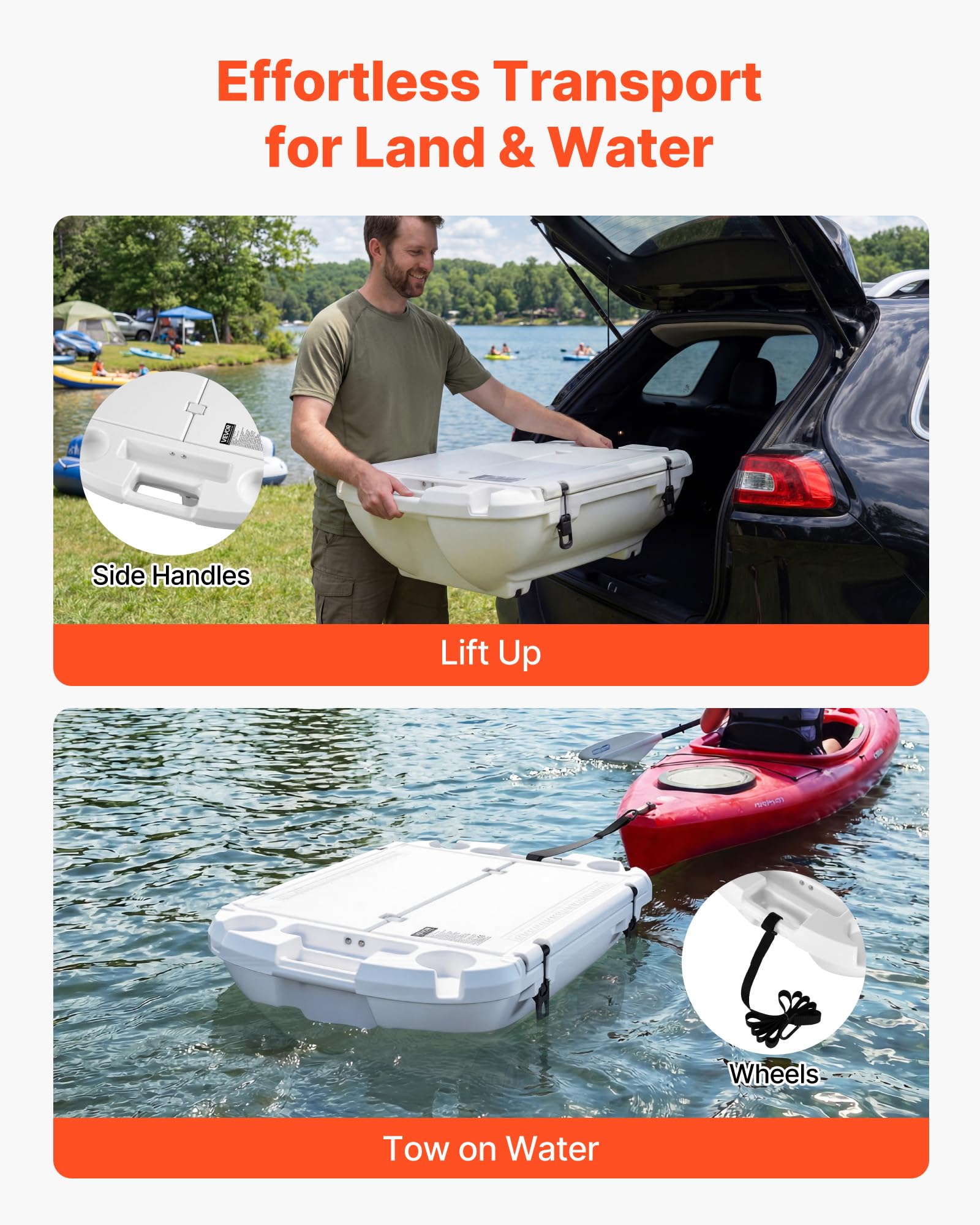 VEVOR Nevera Flotante 37,9 L Enfriador Flotante para Agua y Tierra con Carcasa Rígida Aislada, Portavasos, Asas Laterales, Cuerda de Remolque para Playa Piscina Lago Barco Bebida Hielo, Color Blanco