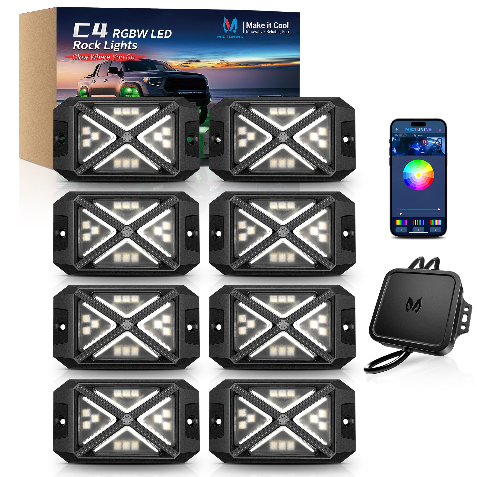 MICTUNING C4 RGBW Rock Lights 8 Pods 360° 4-Sided Wide Beam Underglow Kit
