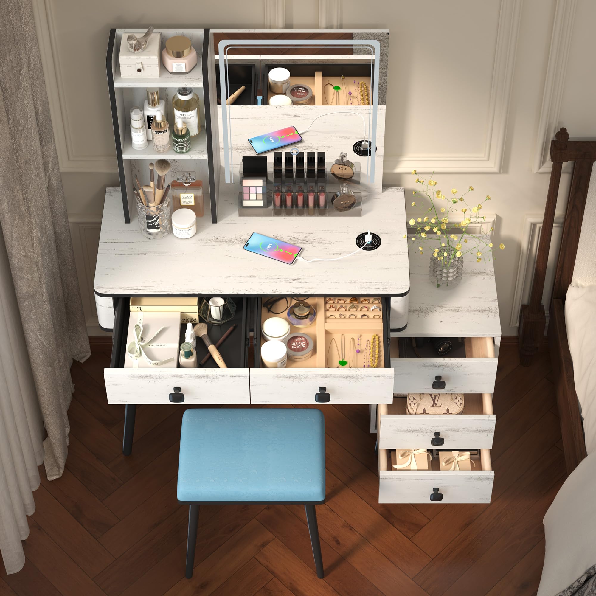 dnbss Vanity Desk with Mirror and Lights, Makeup Vanity Table with Charging Station, Vanity Set with 5 Drawers, Dressing Table with Lighted Rectangular Mirror for Girls (Wood White)