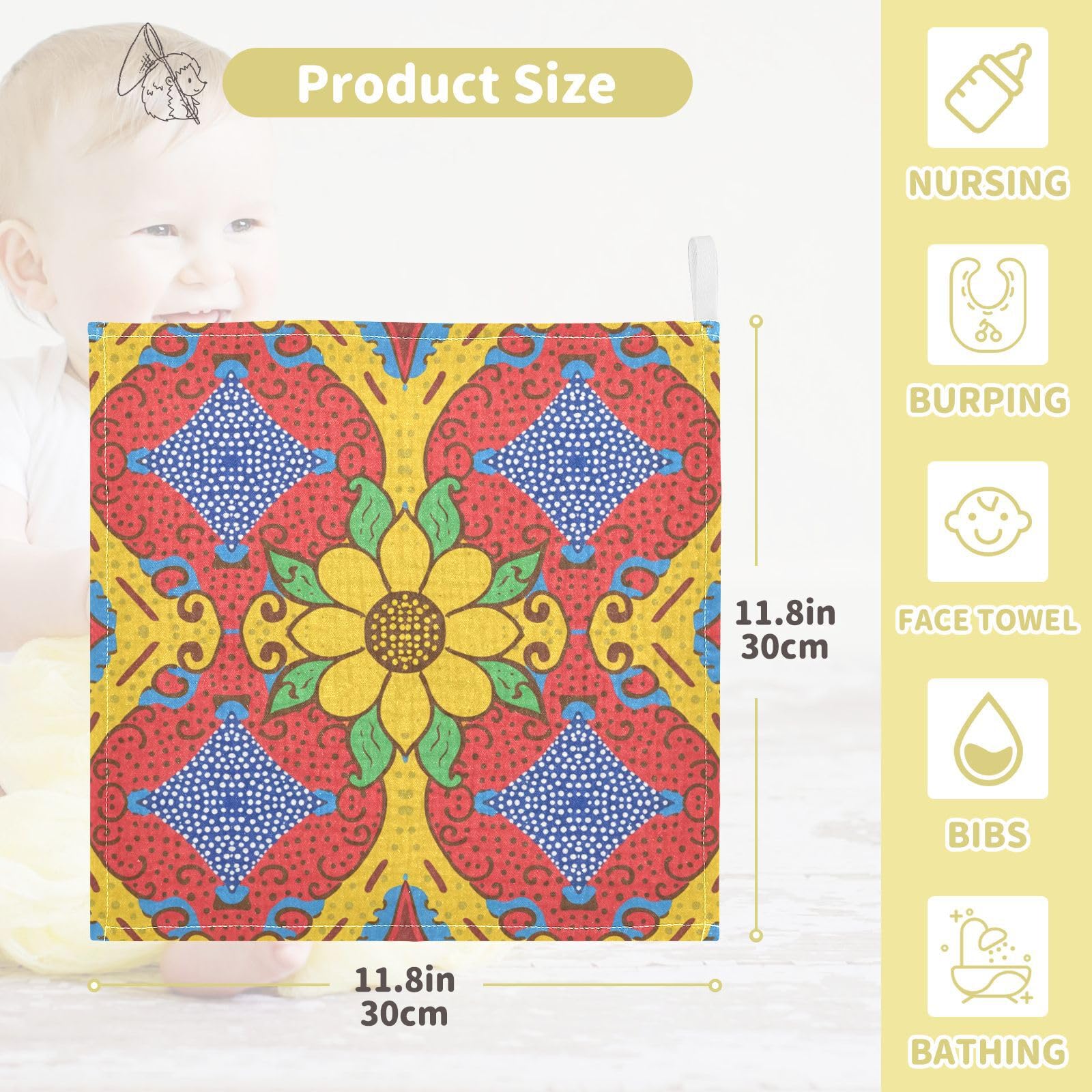 Nander 5Pack Baby Muslin Washcloths,Mexican Ceramic Tile Pattern Soft Face Cloths for Newborn, Absorbent Bath Wash Cloths, Wipes, Burp Rag,Toddlers Essentials Stuff, Baby Registry as Shower