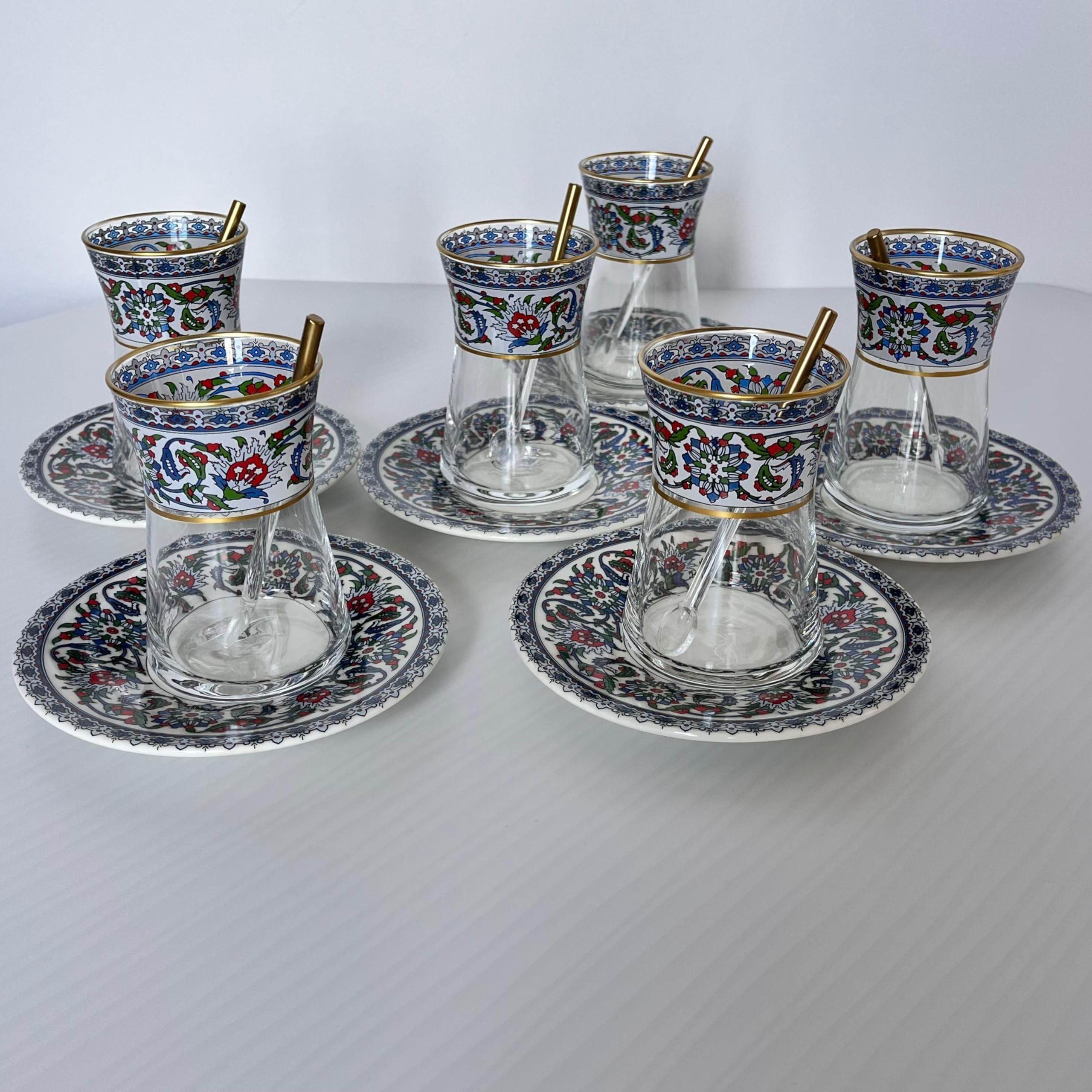 Handgefertigte türkische Teegläser mit Untertassen, altmodische türkische Teetassen, Vintage-Teegläser, 6er-Set, arabisches Trinkgeschirr, Vintage-Stil, persisches und marokkanisches Glas