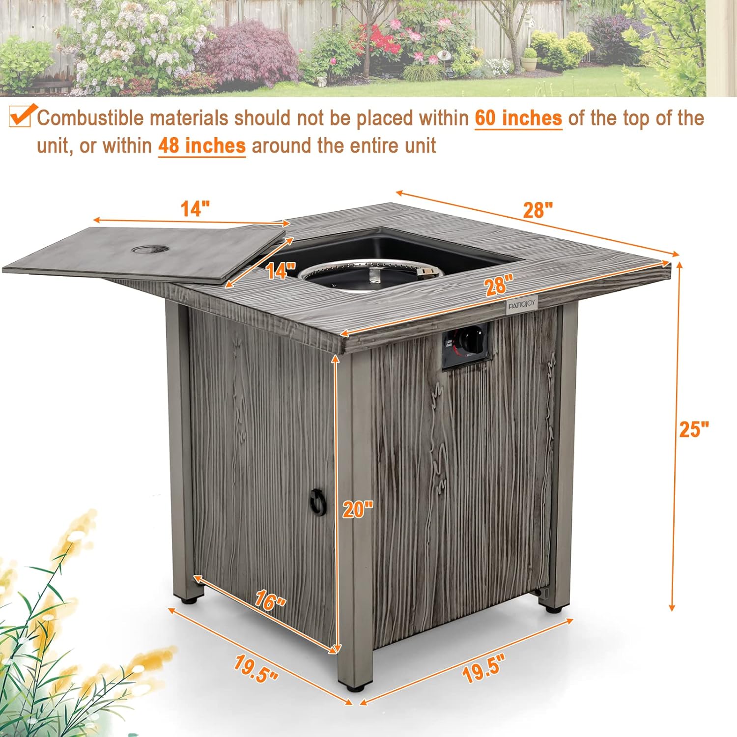 28'' Gray Wood-Look Propane Gas Fire Pit Table with Lid