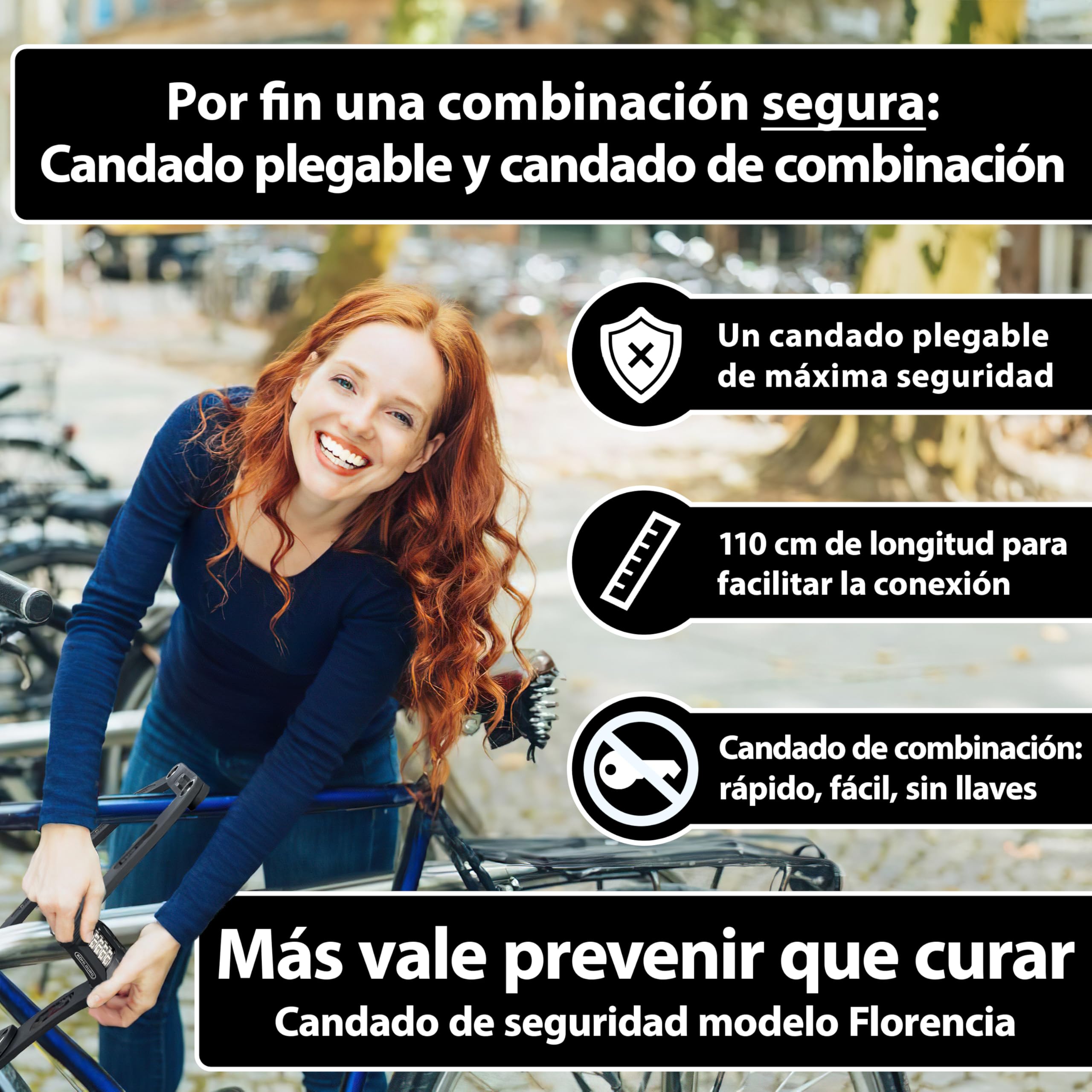 KOHLBURG antirrobo plegable para bicicleta de 110 cm con números [resistente a cortapernos] con código numérico y soporte – candado de combinación de alta seguridad – antirrobo para bici & e‑bike