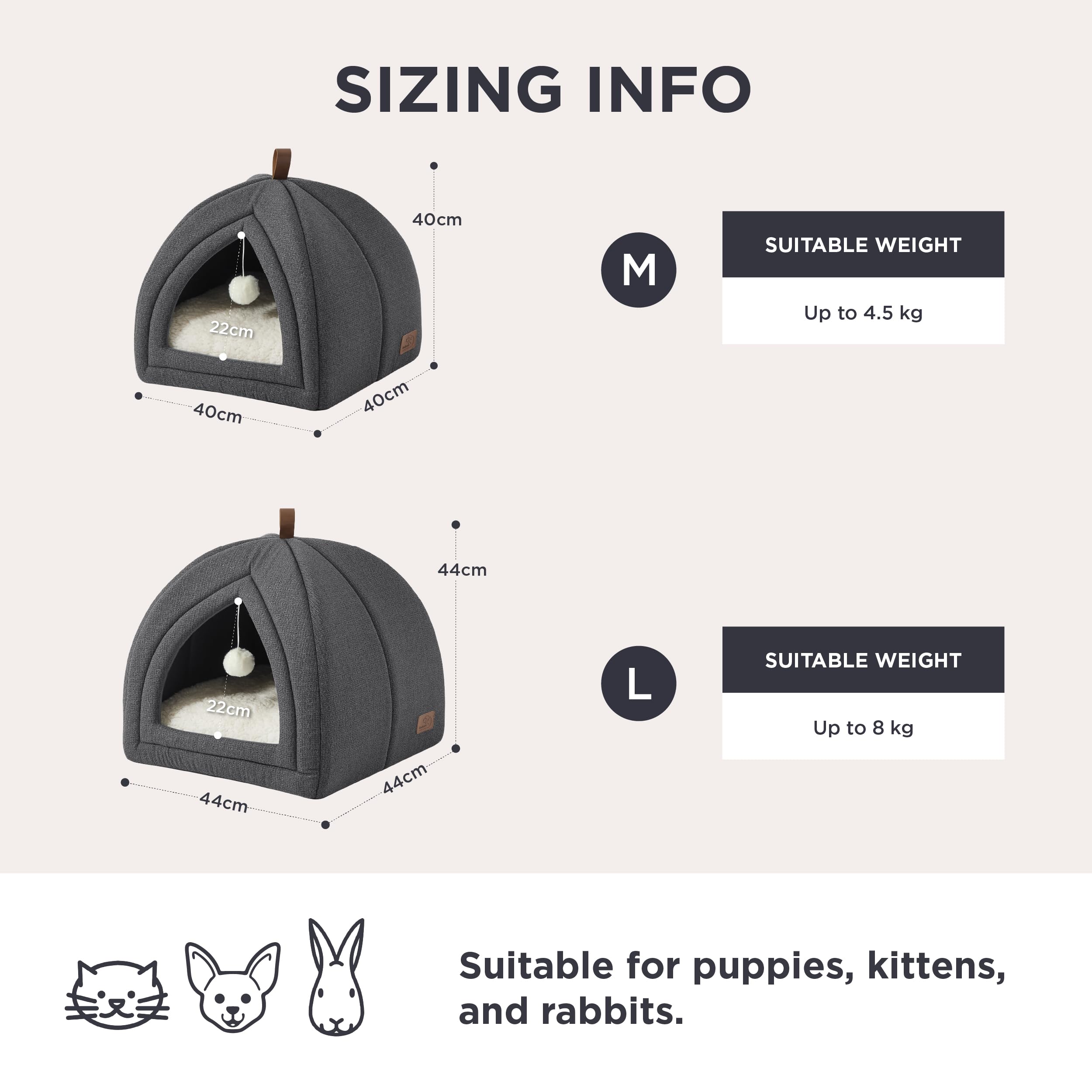 BEDSURE Katzenbett große Katzen Katzenhöhle- 40x40x40 cm Katzenhaus Indoor mit abnehmbarem Sherpa Katzenkissen und hängendem Spielzeug, Katzen Bettchen waschbar, dunkelgrau