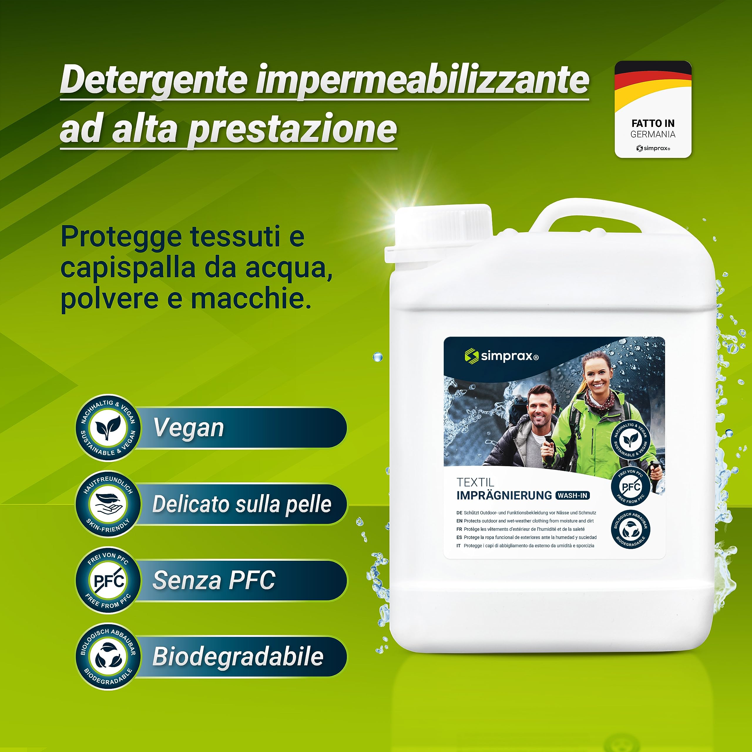 Detergente Impermeabilizzante Tessuti Ecologico & Senza PFC - Detersivo per Gore-Tex Sympatex Softshell & Abbigliamento Outdoor - Lavaggio in Lavatrice o Mano per Giacche Pantaloni
