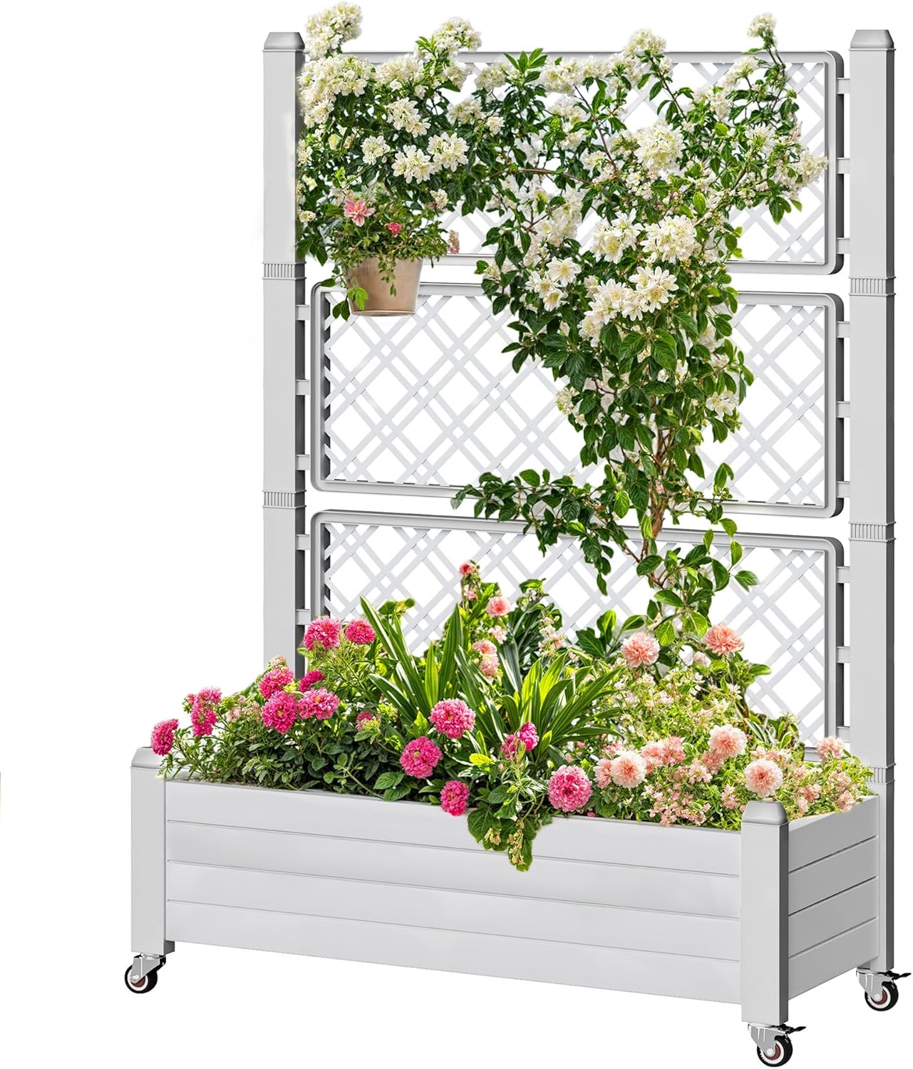 DWVO 3.6 x 1.5 x 5 FT Raised Garden Bed with Trellis, Large Outdoor Planter Trellis Box with Drainage Holes and Wheels for Climbing Plants, Grayish-White