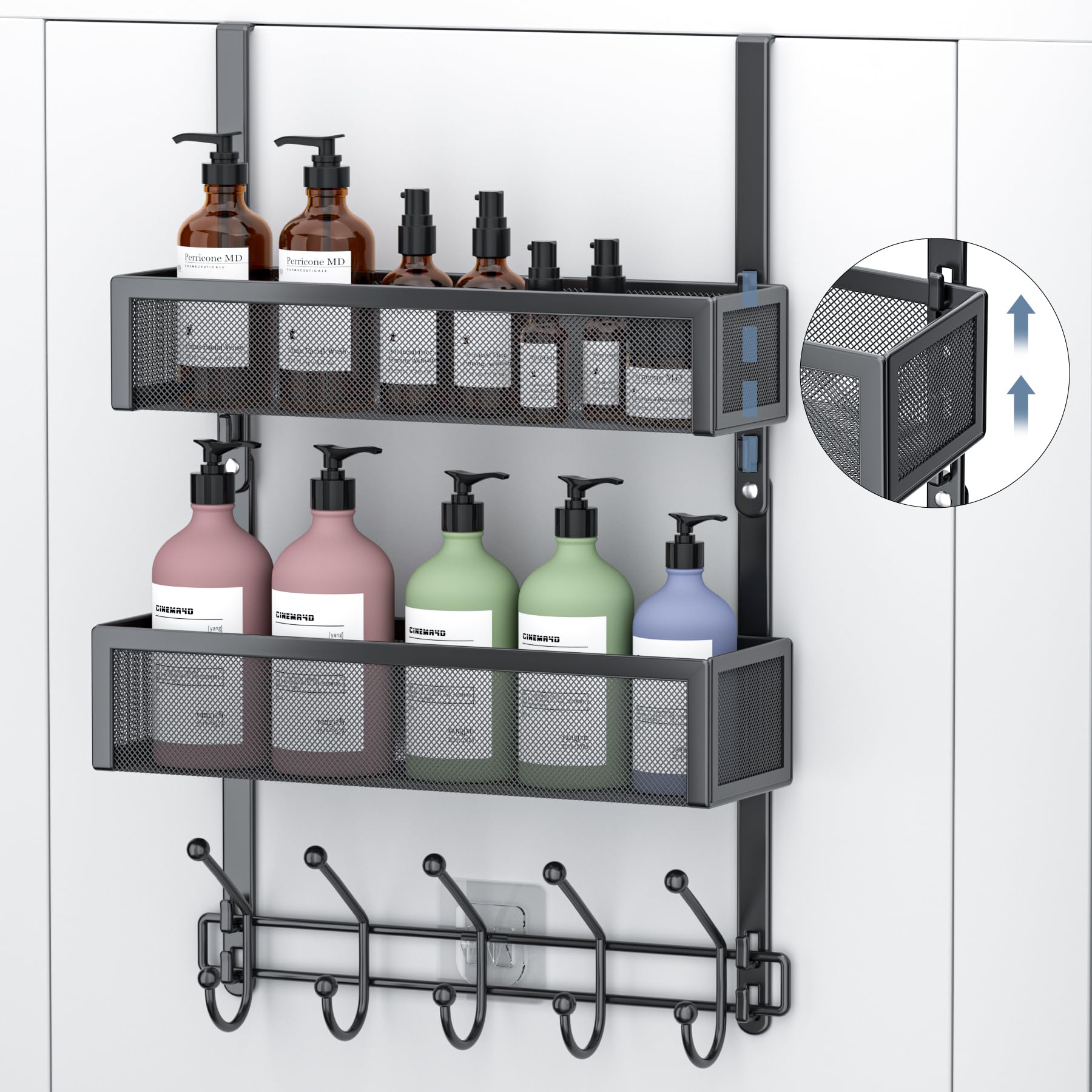 Aimeaihe Over The Door Hooks Organizer, 2 Adjustable Heights Door Hanger Coat Rack with 2 Mesh Baskets and 10 Hooks - Image 3