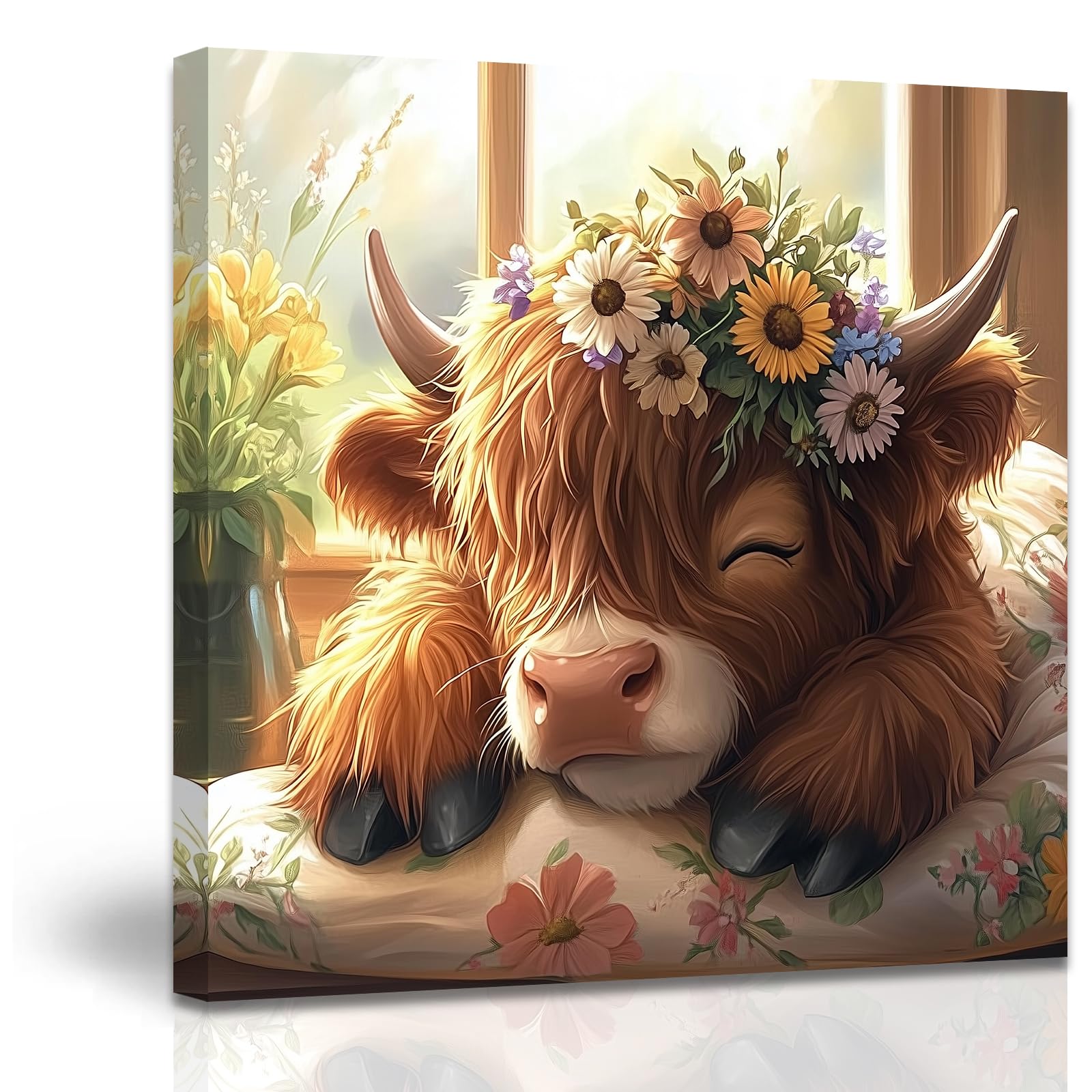 ZXHYWYM Cute Highland Cow Baby Canvas Wall Art Rustic Farmhouse Picture Prints Brown Cow with Flowers Painting for Kitchen Children's Room Bathroom Decor (Yellow, (80L x 80W cm))