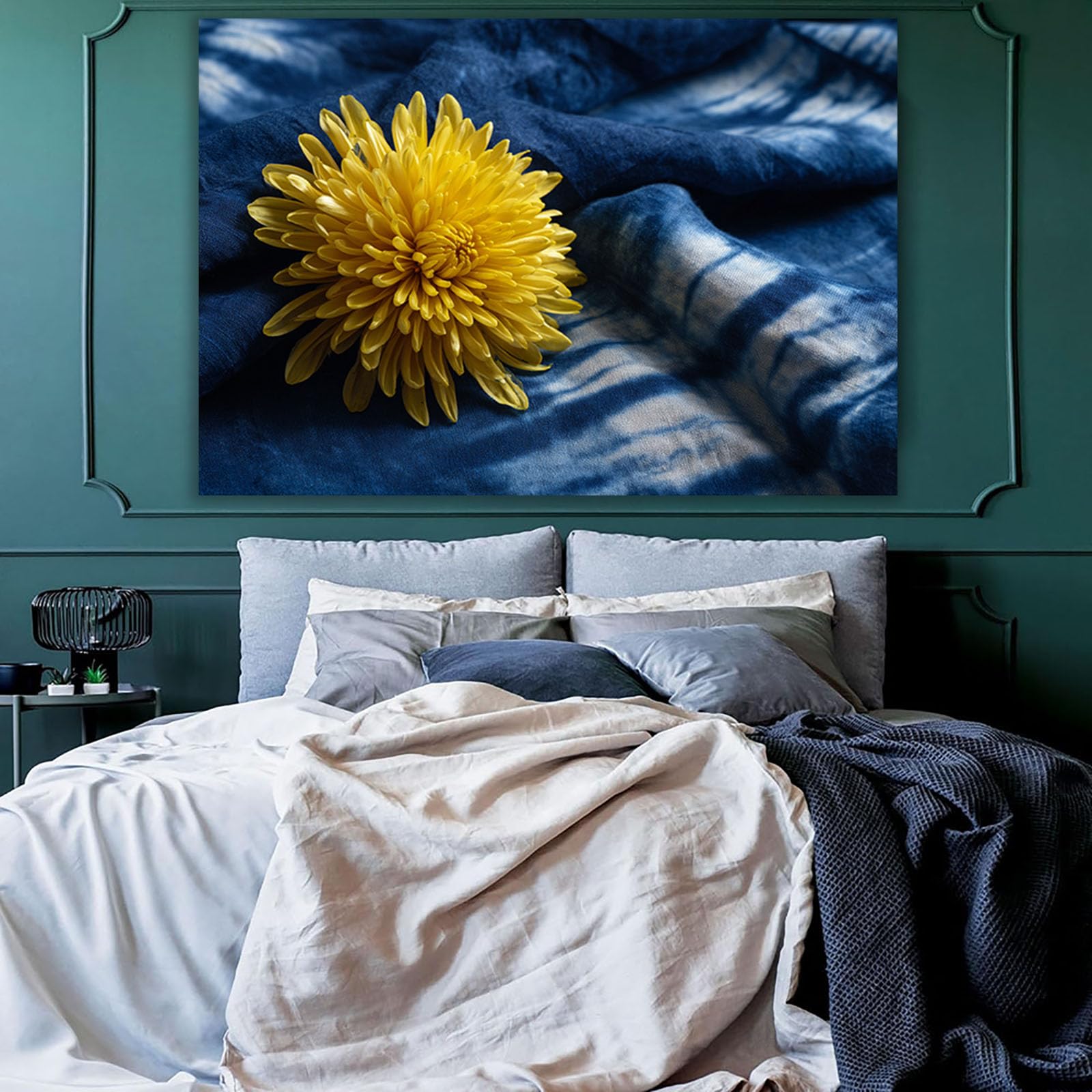 ZAMAEIU Semplice arte botanica Stampe su Canvas Crisantemo tinto in stoffa blu per Camera da Letto Agriturismo Soggiorno Bagno(Giallo)-50x70cm Incorniciato