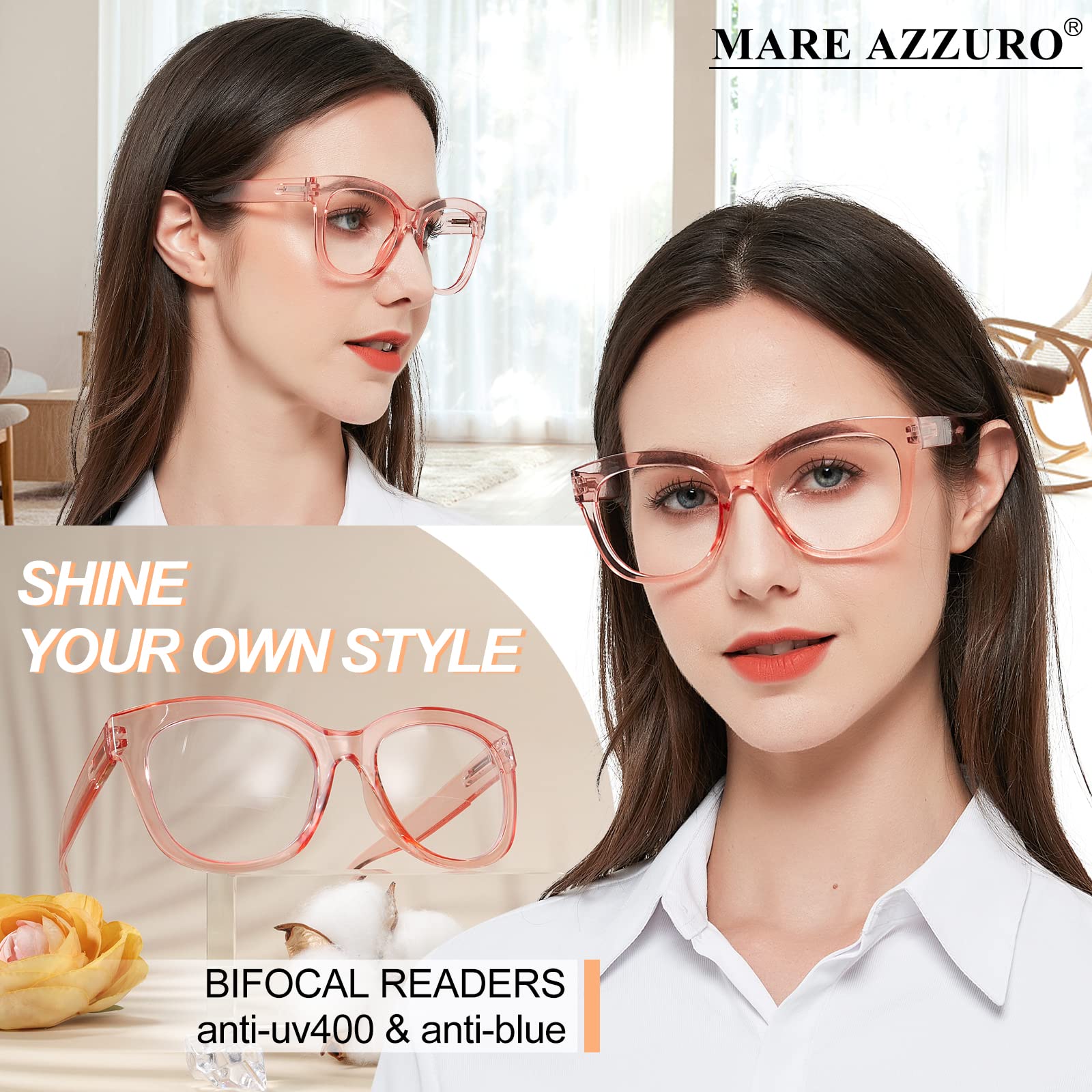 MARE AZZURO Oversized Bifocal Reading Glasses 1.5 Women Blue Light Blocking Readers 1.00 1.25 1.50 1.75 2.00 2.25 2.50 2.75 3.00 3.50 (Pink, 150)