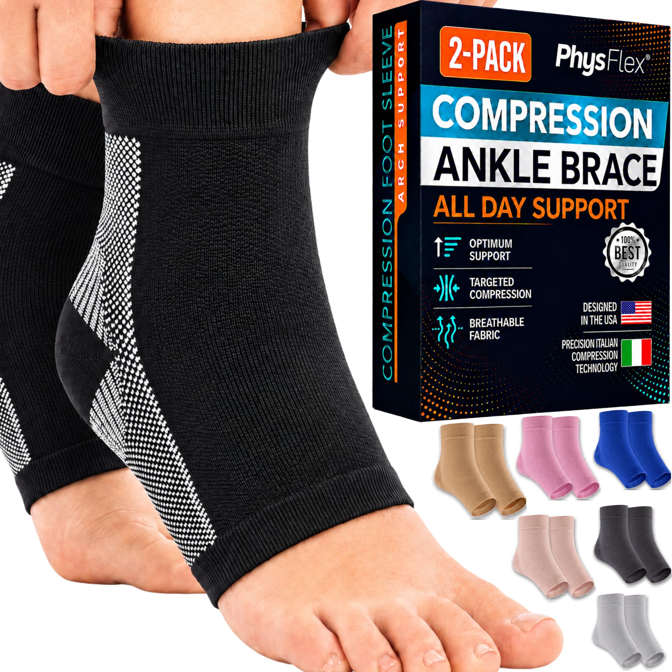 Compression Socks for Plantar Fasciitis, Achilles Tendonitis Relief - Ankle Compression Sleeve for Heel Spurs, Foot Swelling & Fatigue - Arch Support Brace for Everyday Use (1 Pair)