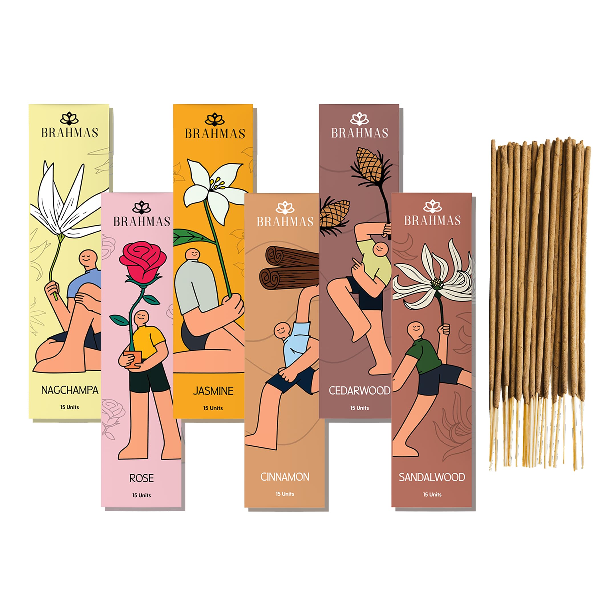BRAHMAS Pack 6 Total 90 Insence-Sticks, Natural Incense Sticks Variety Pack Including Nagchampa Jasmine Cedarwood Rose Cinnamon & Sandalwood + Incense Holder, Long Lasting Incienso Inscents-Sticks