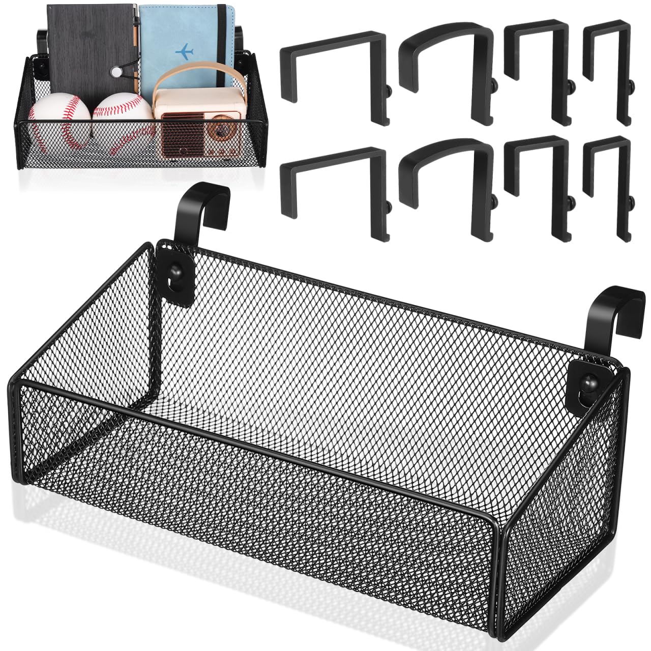 Didiseaon Bedside Organiser Hanging Storage Basket: Metal Organiser Rack with 10 Hooks Black Wire Mesh Bedside Storage Caddy Hanging Shelf for Bunk Beds, Dorm Bedroom Office