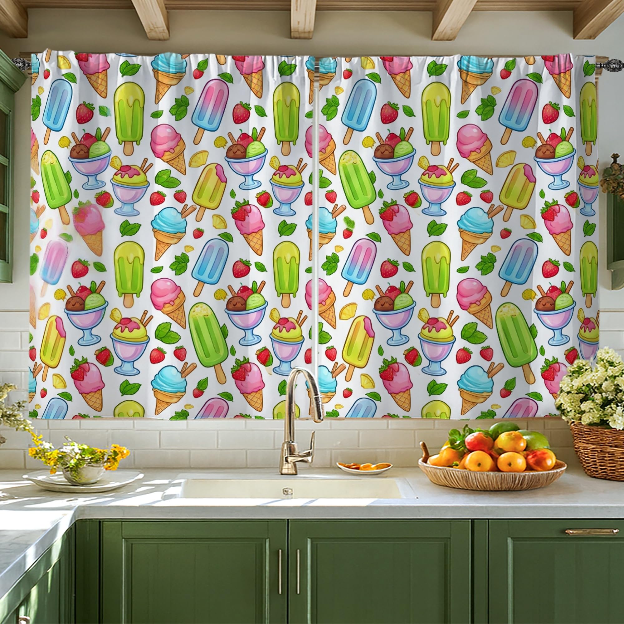 Rideaux de cuisine à étages filtrants brise-bise crème glacée 106x114cm