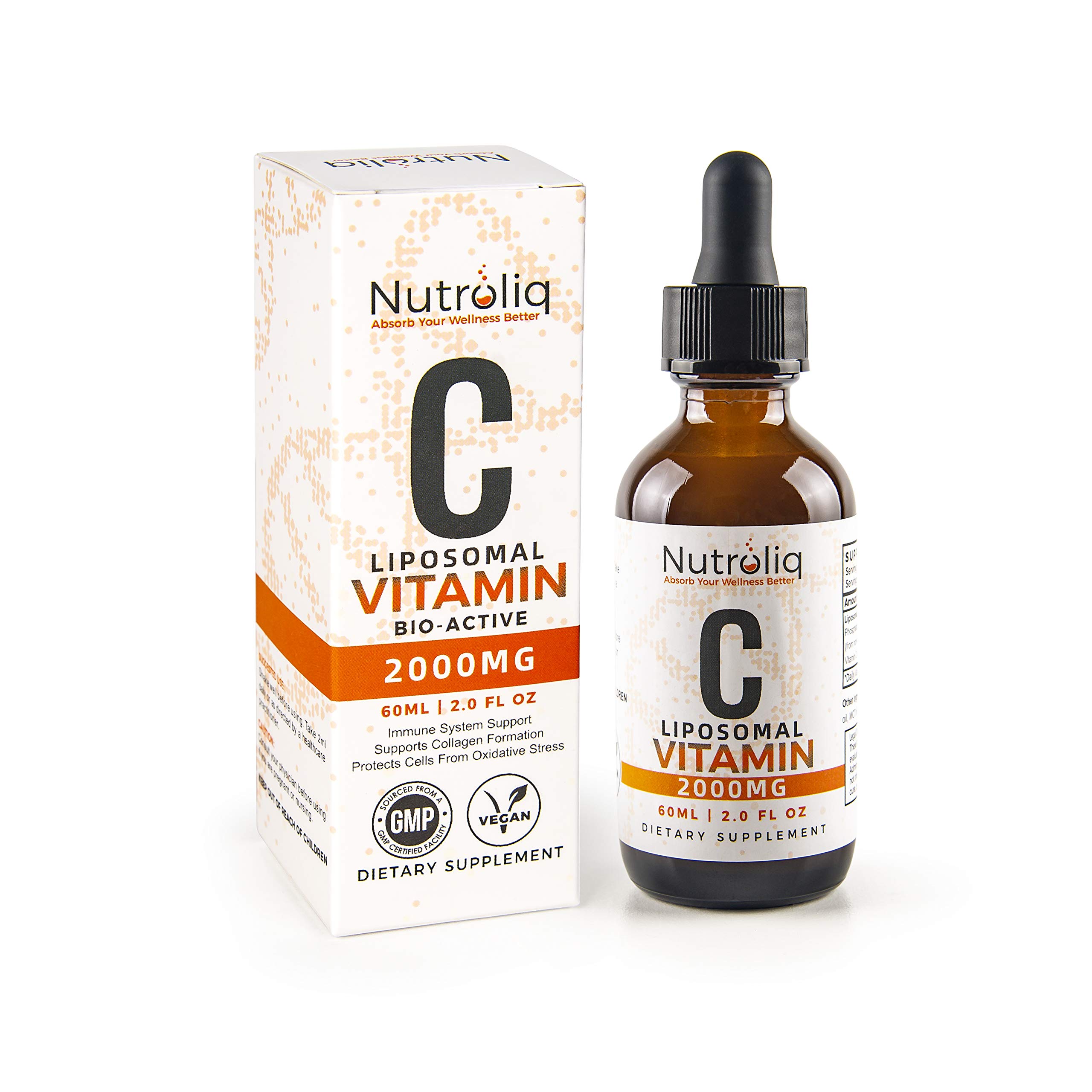Nutroliq Liposomal Vitamin C Liquid Drops - Vegan Supplements for Men & Women's Health - Helps Boost Immune System - Quick-Absorbing, 2000mg Per Serving, Natural Orange Flavour - 60ml Glass Bottle