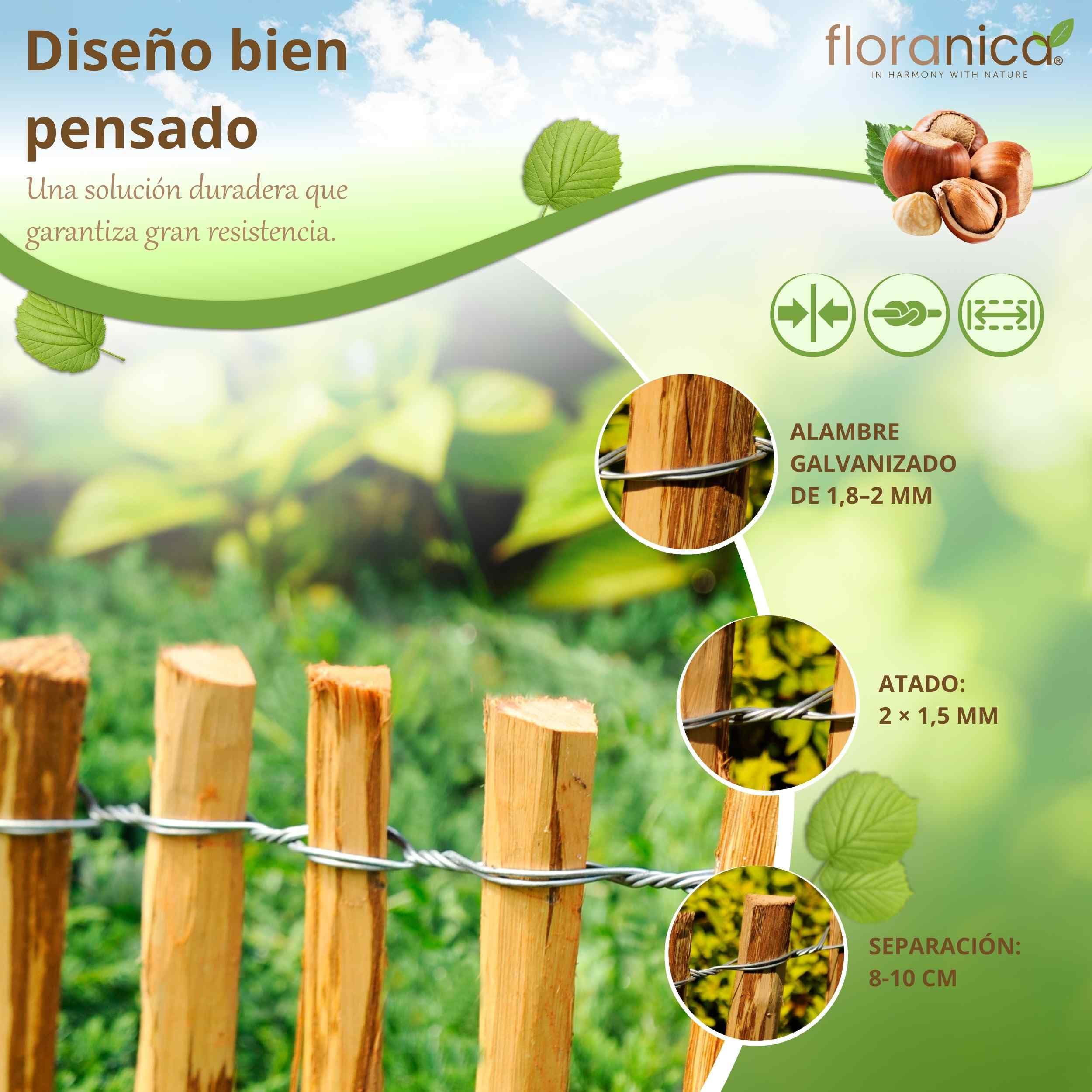 Floranica Valla de estacas de avellana con postes altura 50 cm x 5 m distancia entre lamas 4-6 cercas de jardín de castaño Valla de madera bordes de parterre vallas enrollables