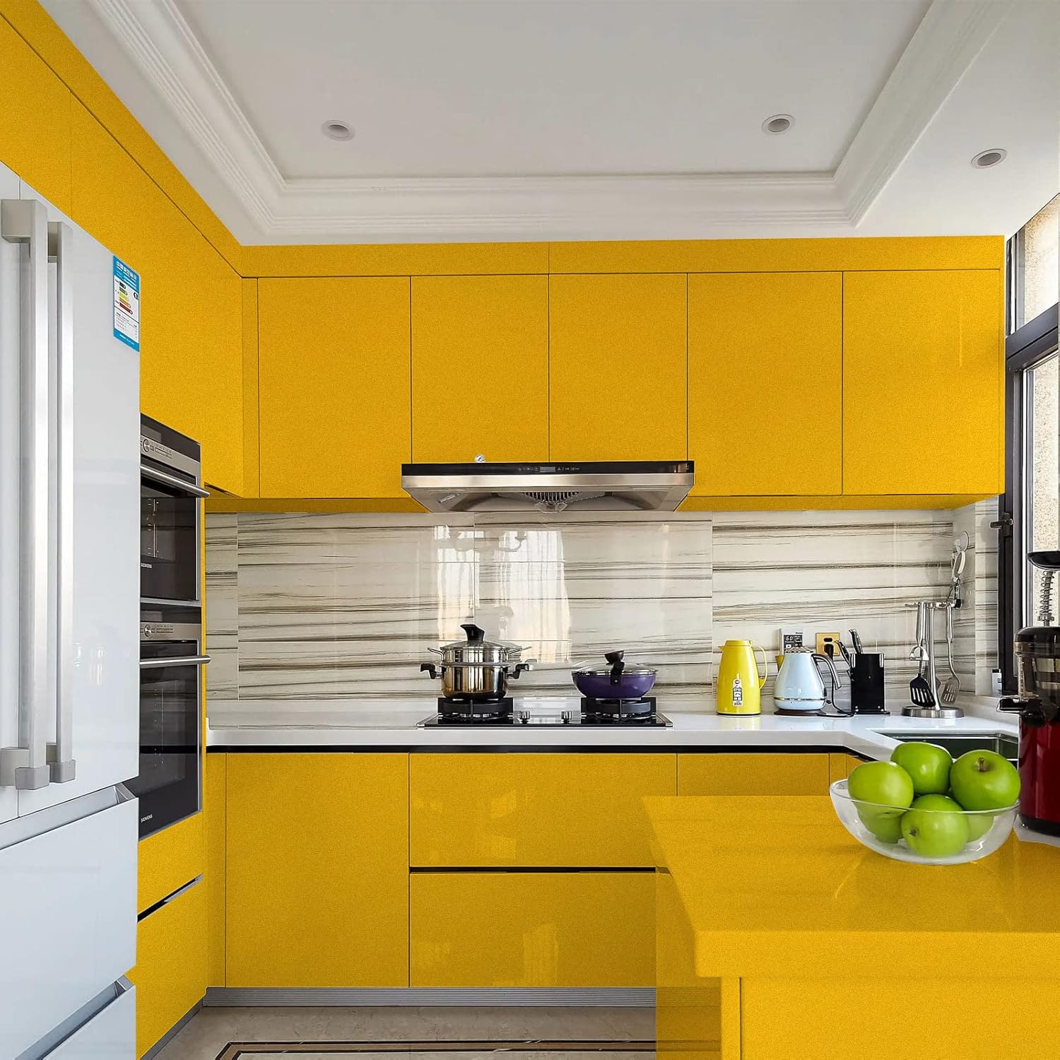 WADILE Peel and Stick Wallpaper, Shiny Contact Paper Solid Color Waterproof, Vinyl Colored Wall Paper Self Adhesive, Glossy Wallpaper Removable for Cabinets (Yellow, 23.6in * 236.2in)