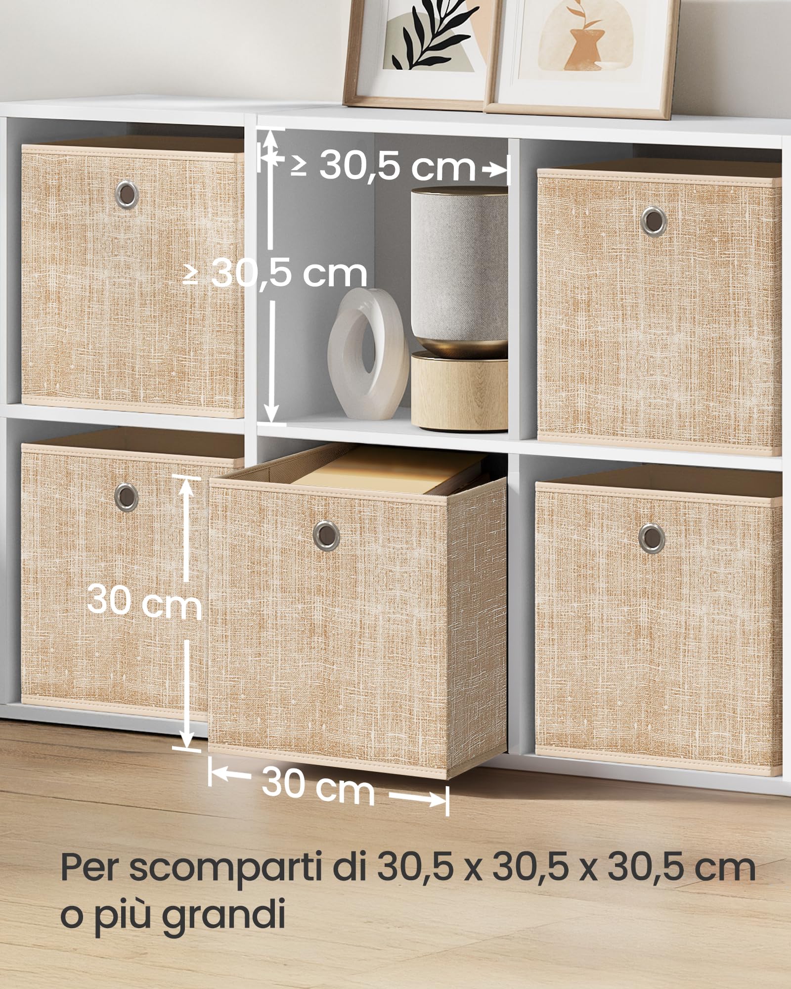 SONGMICS Scatole Portaoggetti, Set di 6 Contenitori in Tessuto Non Tessuto con Manico, 30 x 30 x 30 cm, Unità di Organizzazione, per Scaffale, Pieghevoli, Porta Abiti, Beige Sabbia RFB006K03